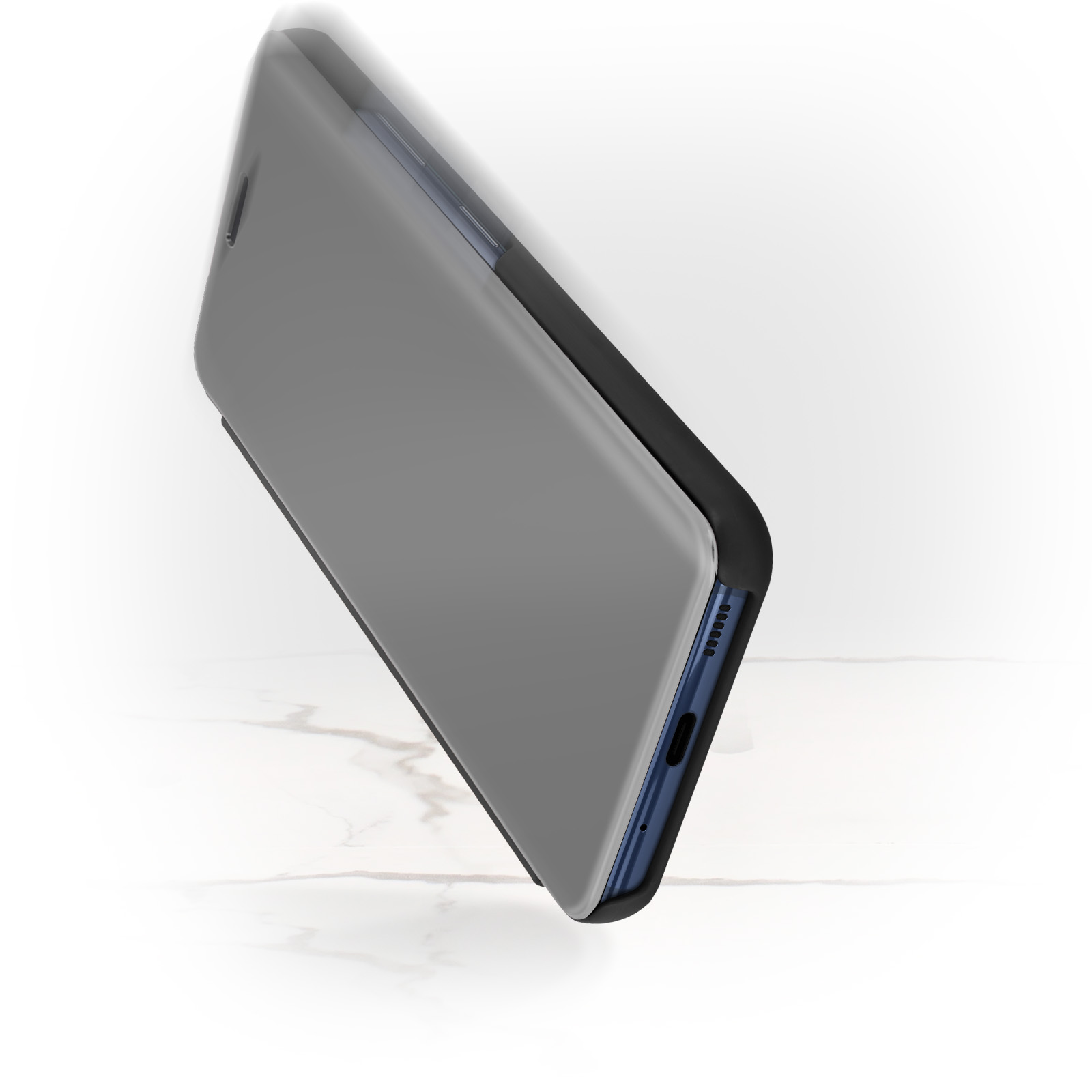 Smartphone grigio con bordo nero su superficie in marmo.