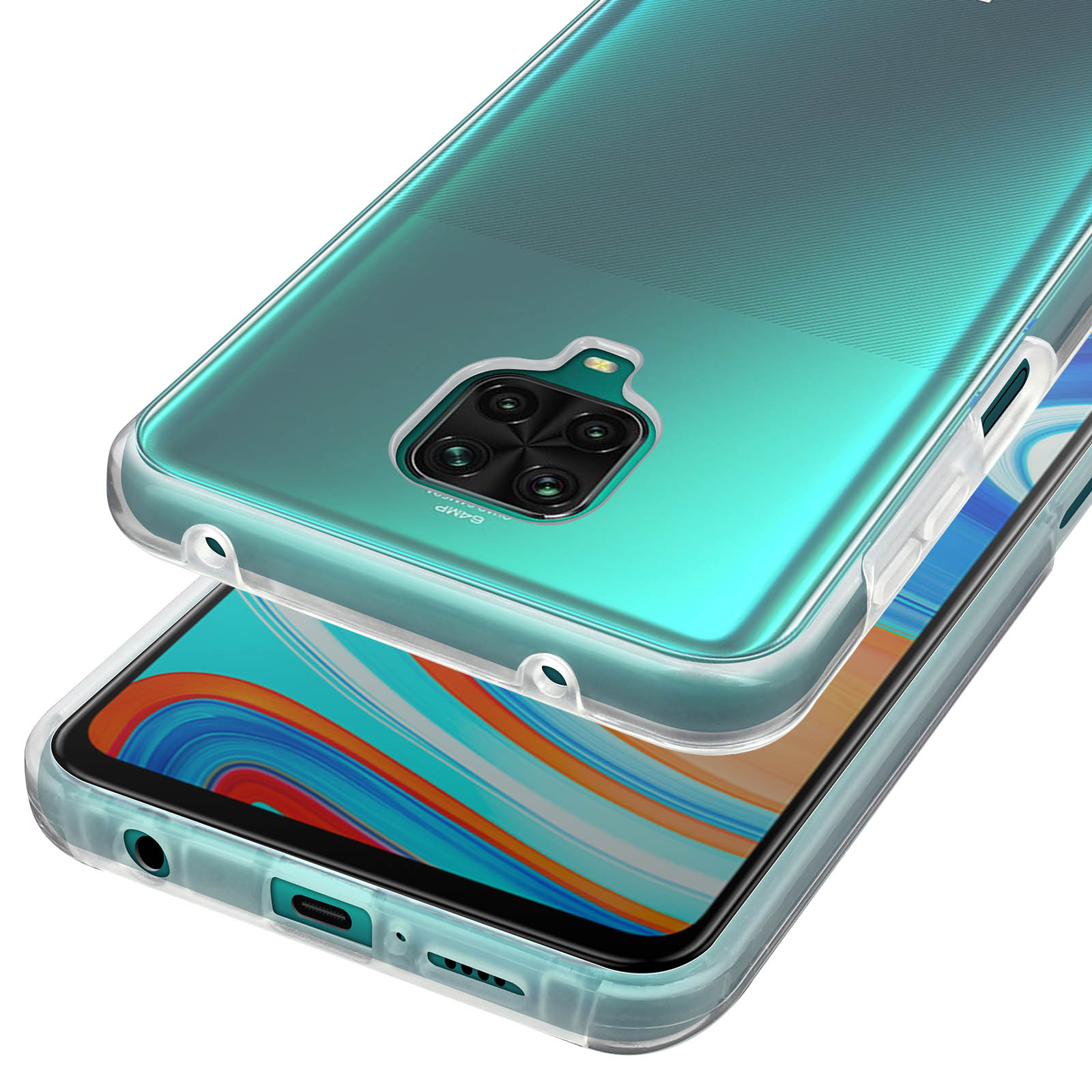 Una custodia trasparente su un telefono turchese, con quattro fotocamere posteriori.