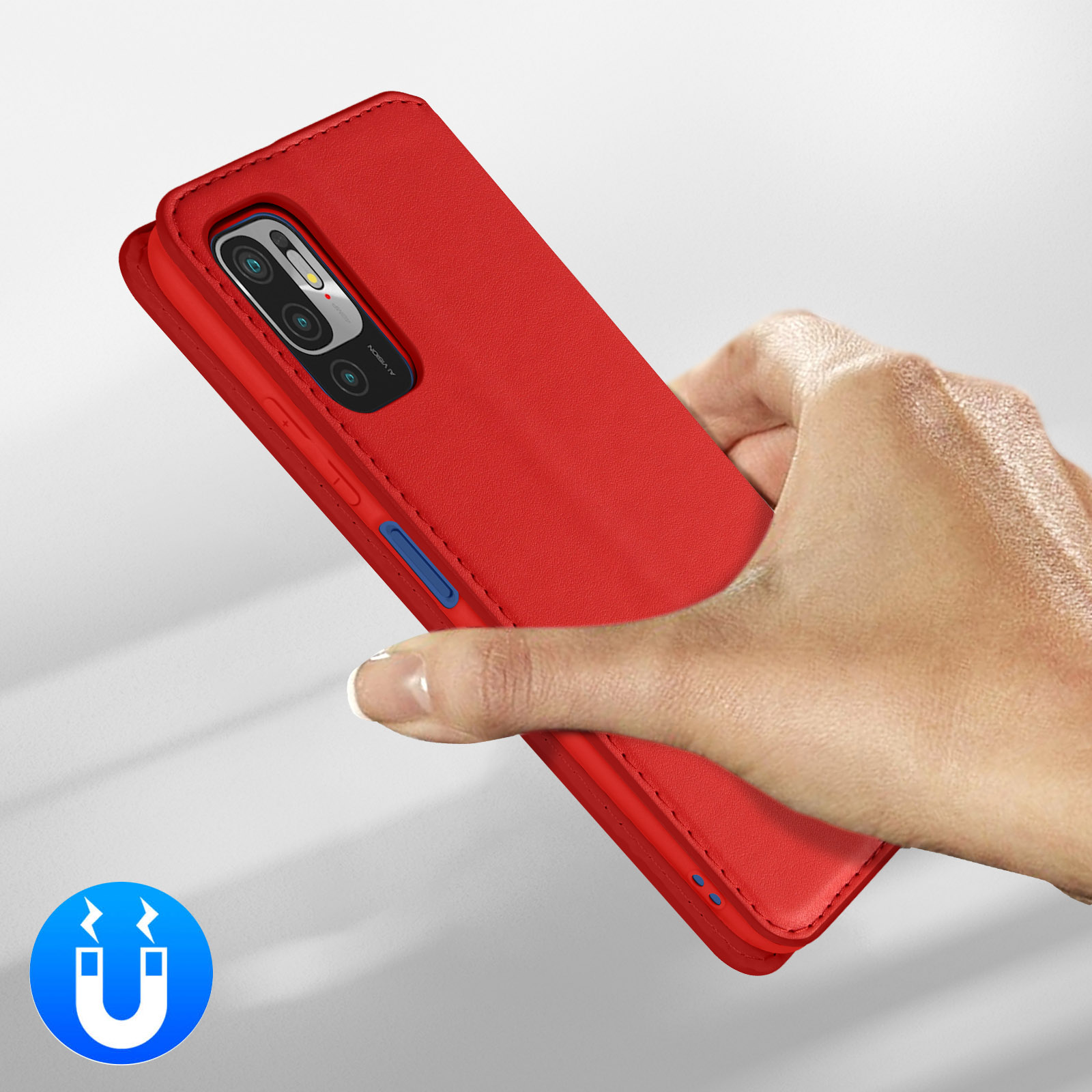 Rode telefoonhoes met camerasysteem, vastgehouden door een hand. Magneet-icoon.