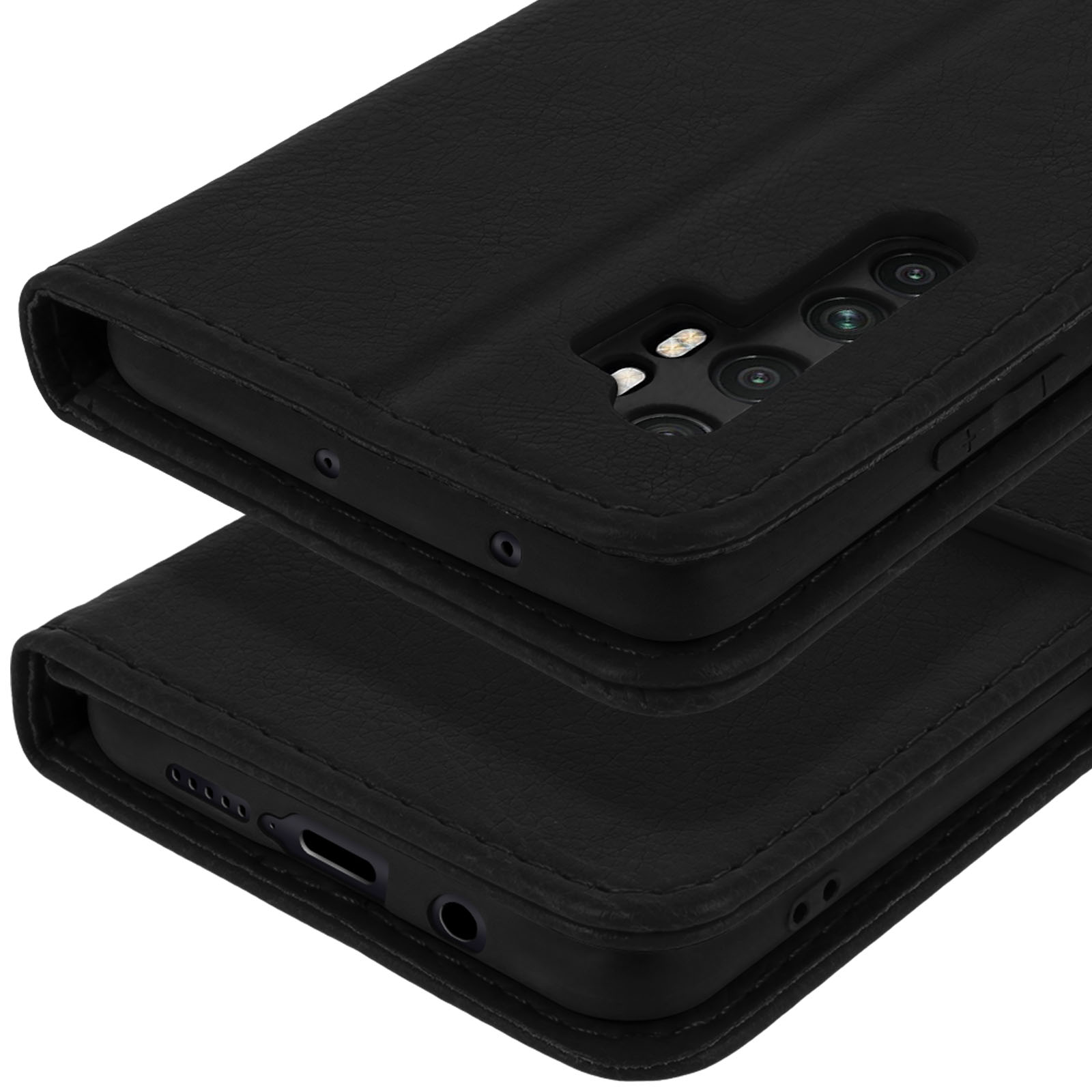 Étui de téléphone en cuir noir avec découpe caméra et port de charge.