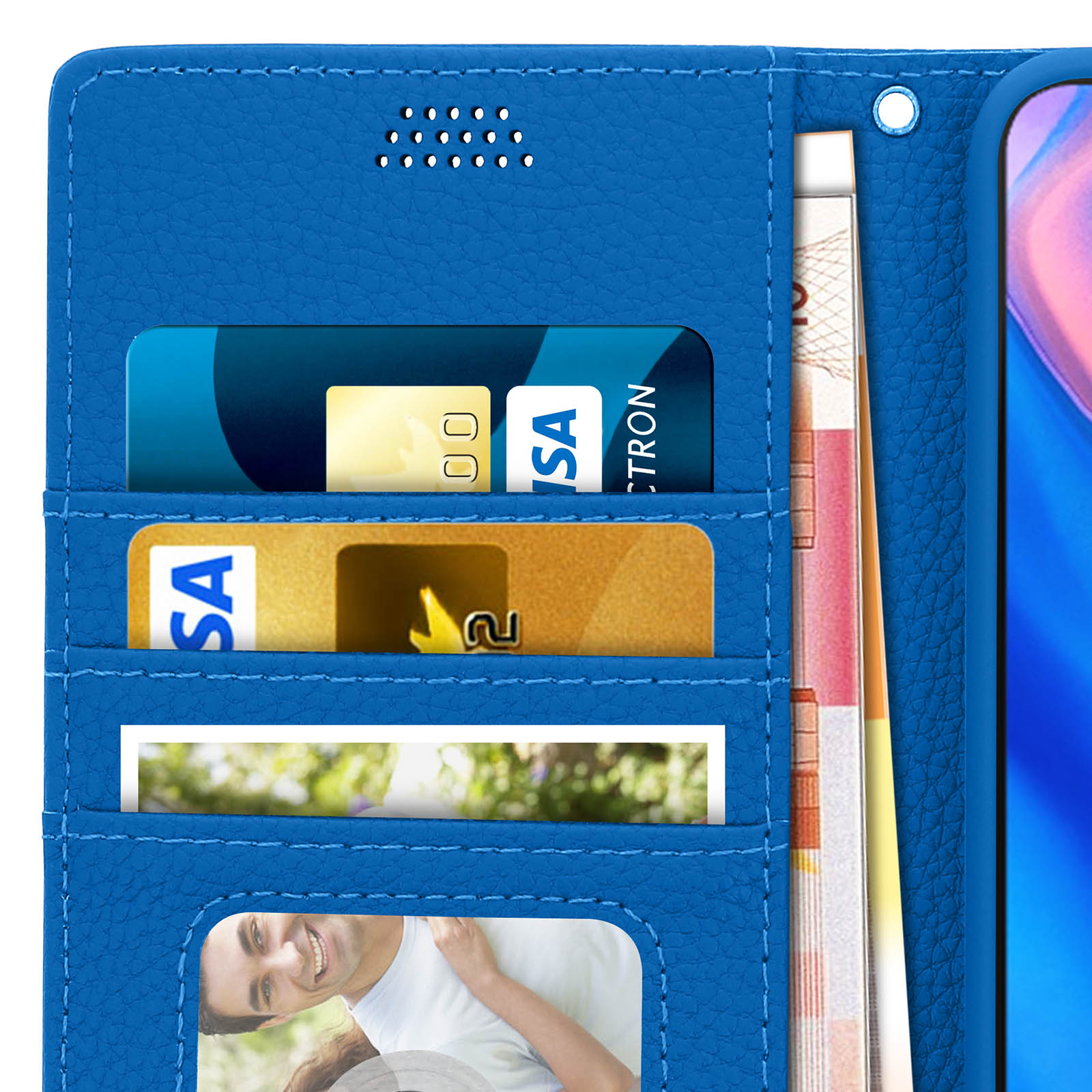 Portafoglio in pelle blu con fessure per carte e contanti.