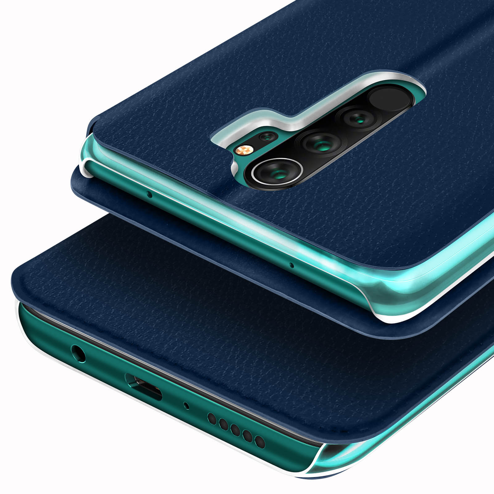 Custodia blu scuro per telefono con ritaglio fotocamera e accenti turchese.