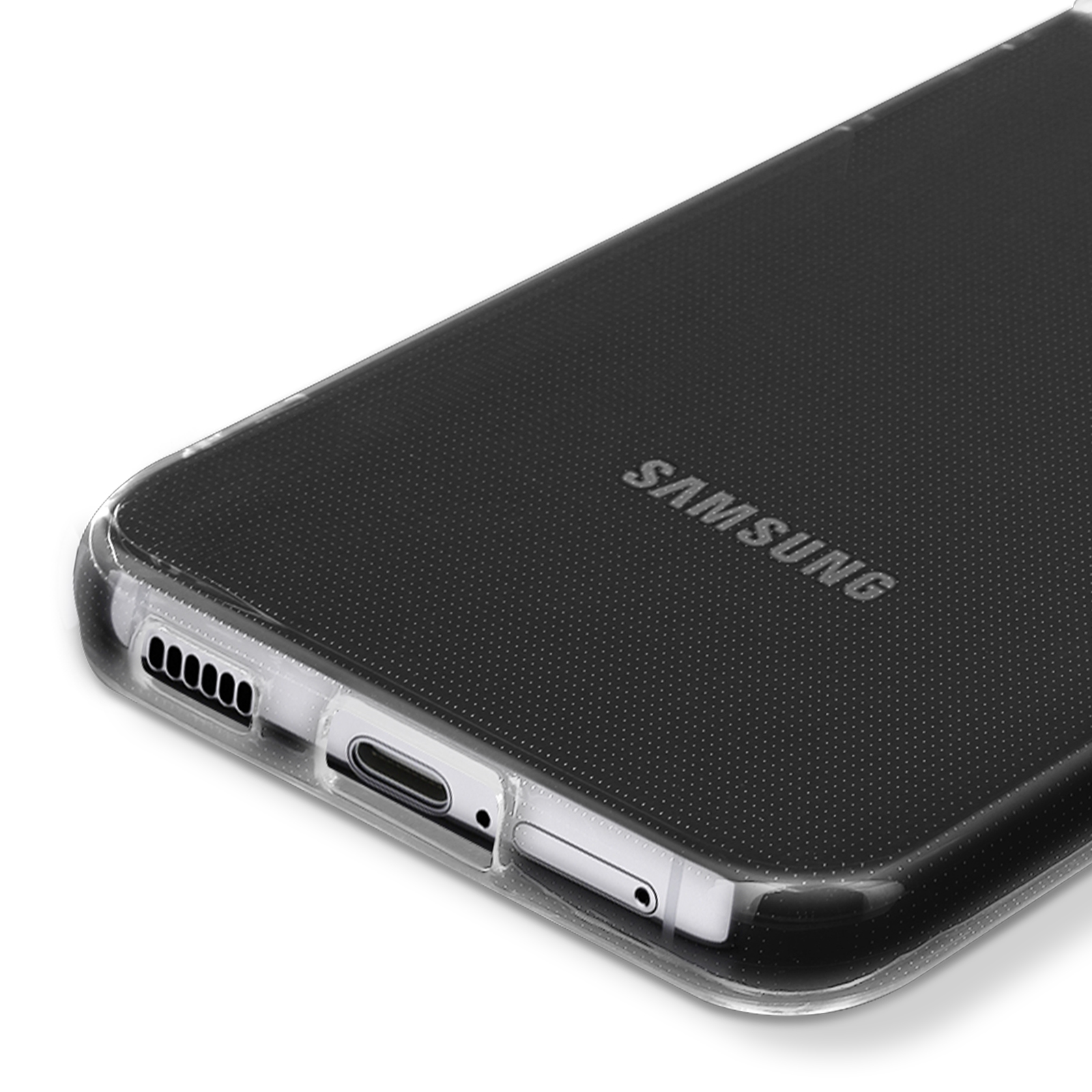 Una custodia trasparente per telefono con logo Samsung e porta di ricarica.