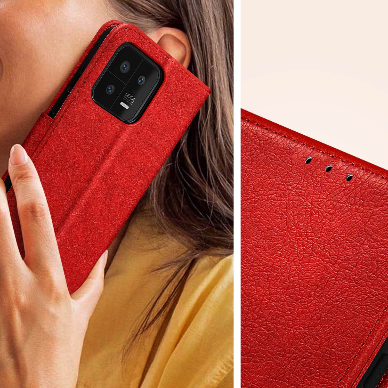 Coque de téléphone rouge avec bloc caméra Leica tenue par une main.