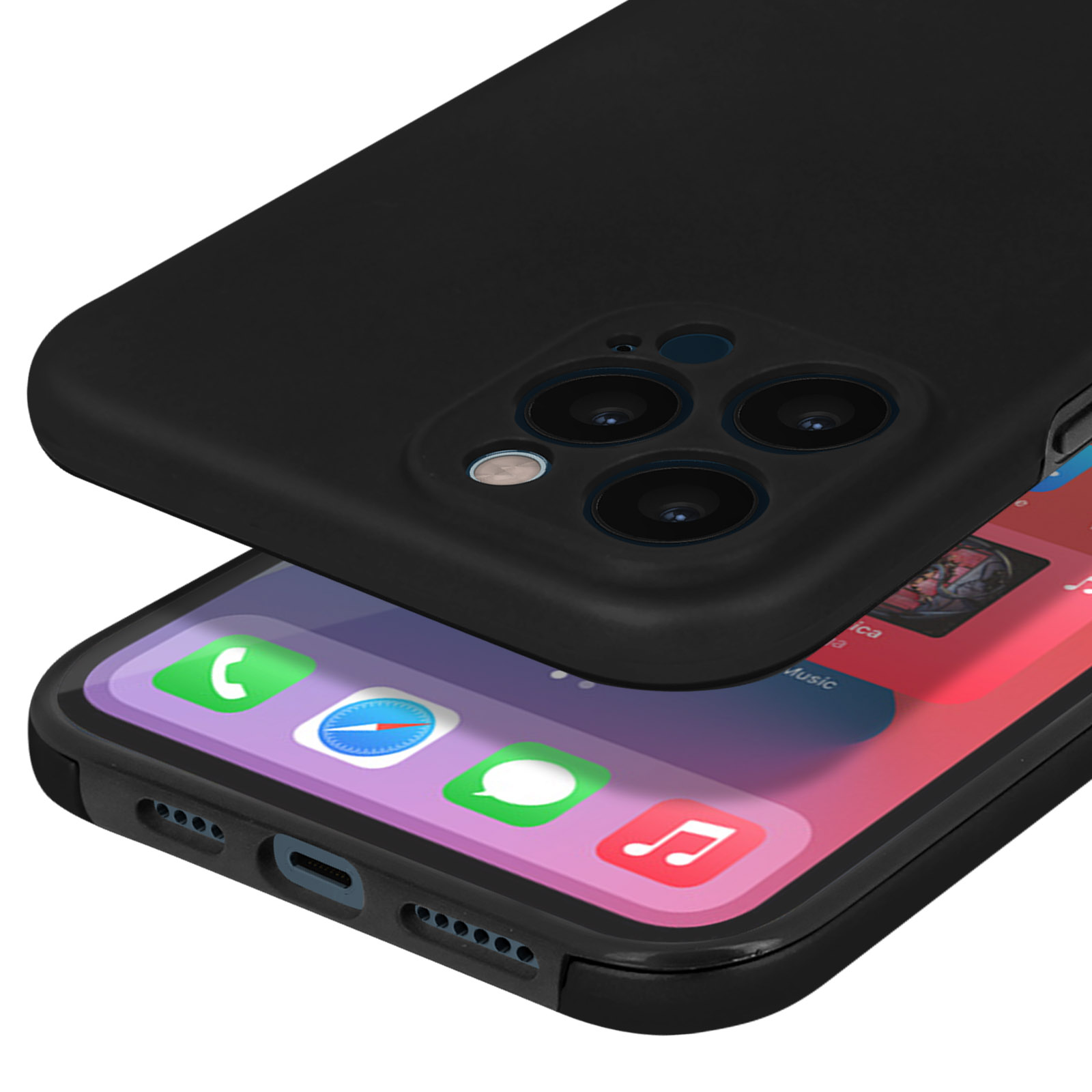 Zwarte telefoonhoes over een smartphone met drievoudige camera.