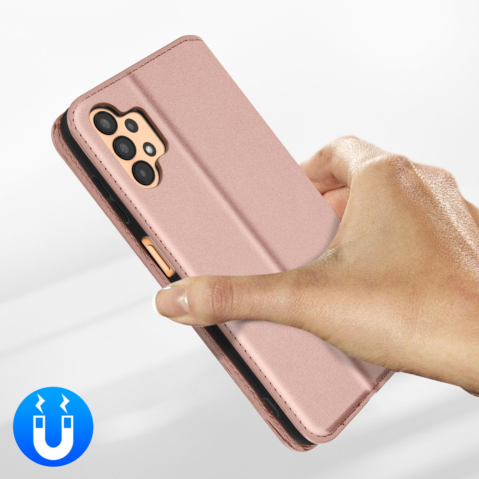 Een hand die een roze telefoonhoes vasthoudt met camera-uitsparing.