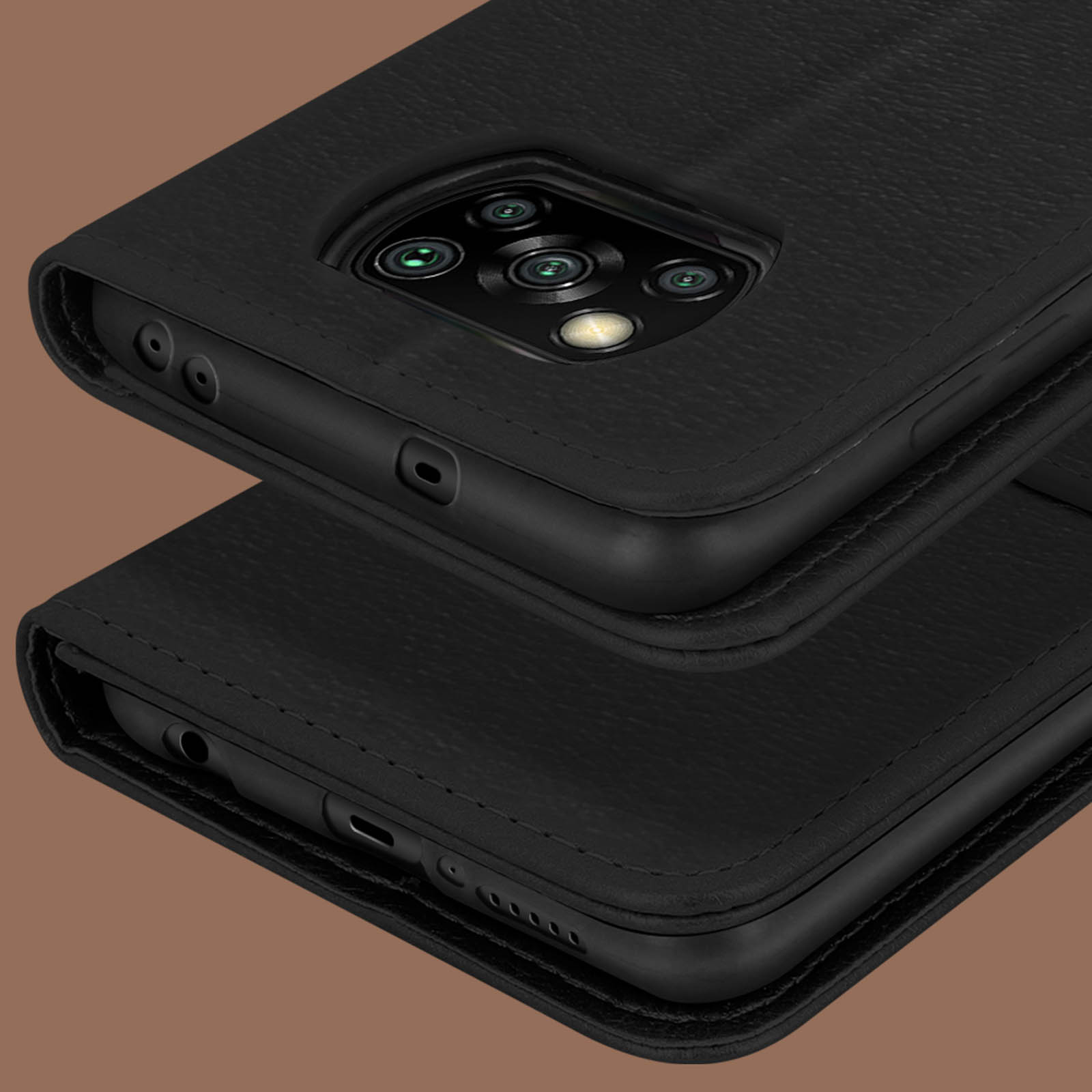 Primo piano di una custodia per telefono in pelle nera che mostra fotocamere e porte.