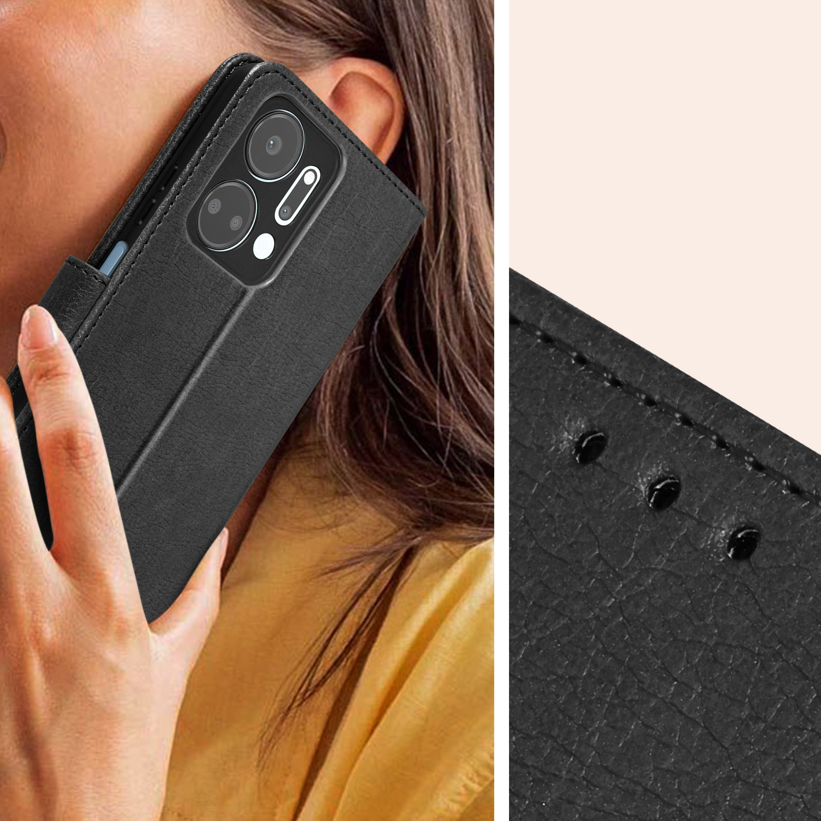 Una mano tiene un telefono nero con tre fotocamere e flash.