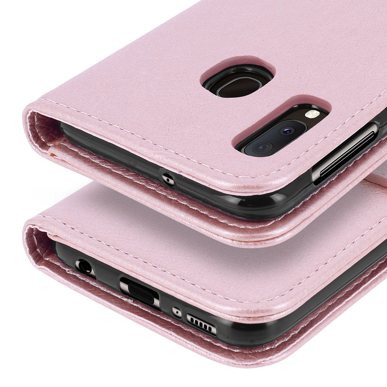 Een roze telefoonhoesje met camera-uitsparing en zichtbare stiksels.