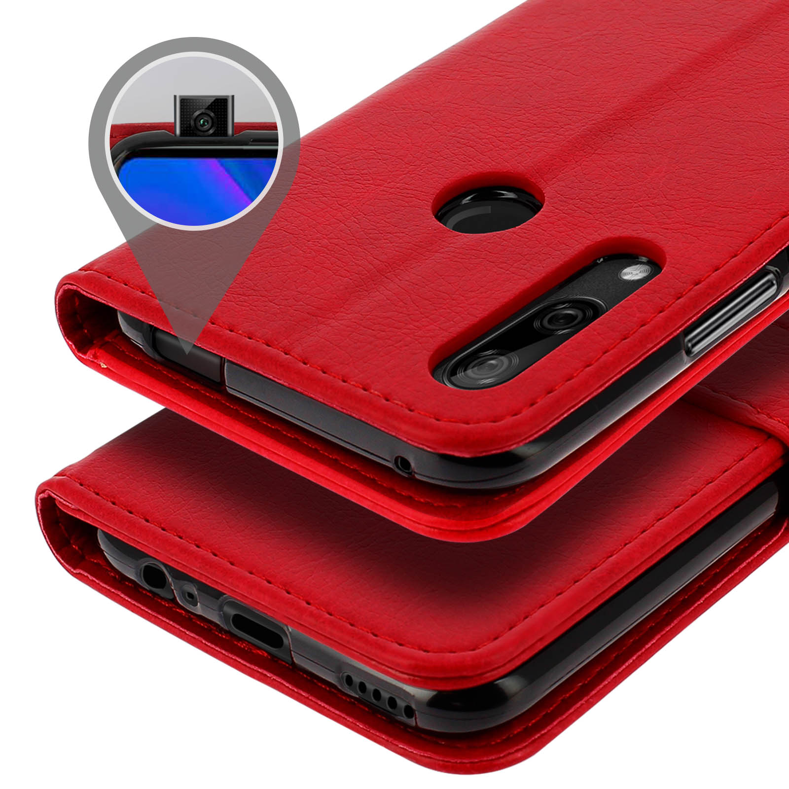 Étui en cuir rouge pour téléphone montrant les détails de la caméra, du haut-parleur et du port.