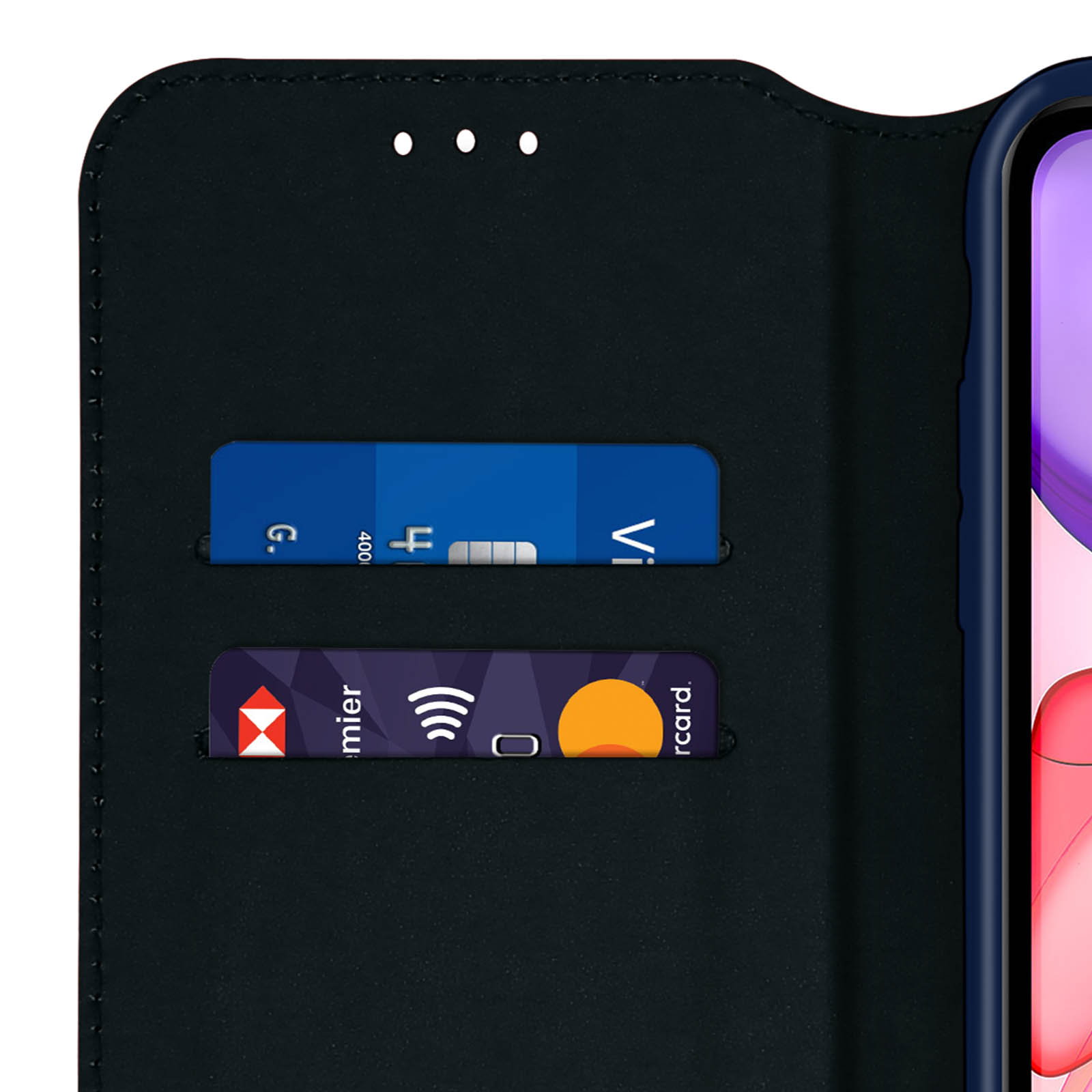 Een zwart telefoonhoesje met twee kaartsleuven. Een blauwe en een paarse kaart zijn zichtbaar.