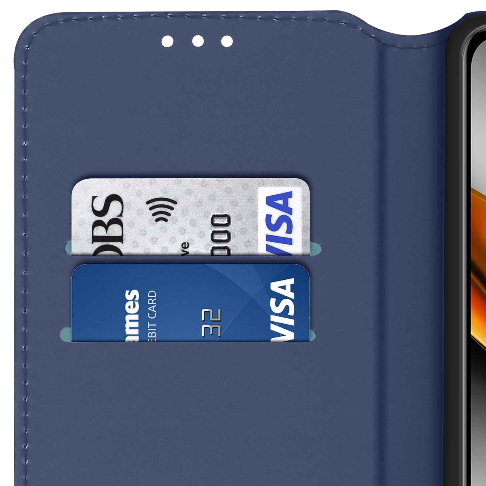 Étui de téléphone bleu avec deux fentes pour cartes, une carte DBS et une carte VISA.