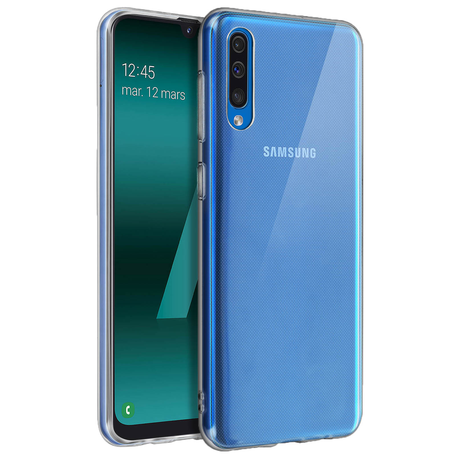 Uno smartphone Samsung blu in una custodia trasparente, su sfondo bianco.