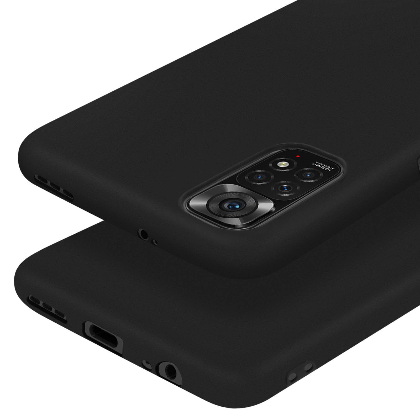 Deux coques de téléphone noires empilées, l'une montrant son module caméra.