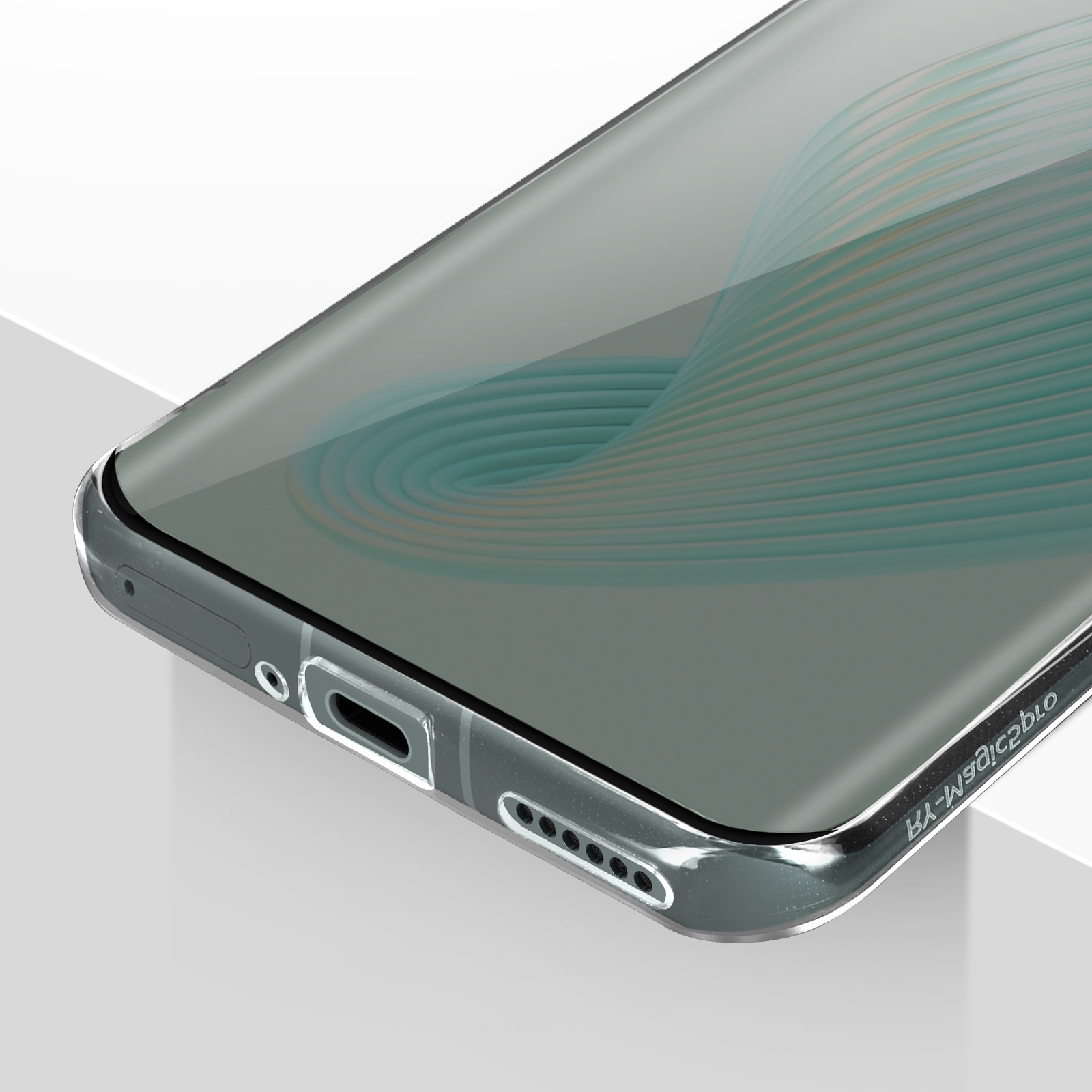 Close-up of a transparent phone case with ports and speaker grilles.