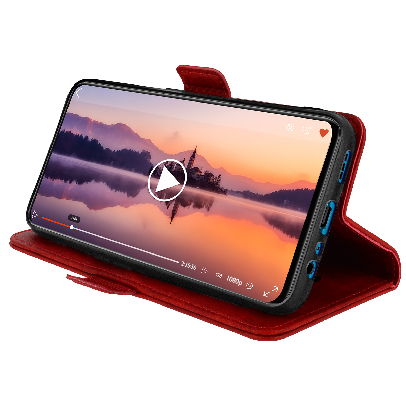 Un étui rouge pour téléphone à clapet affichant une vidéo de paysage.
