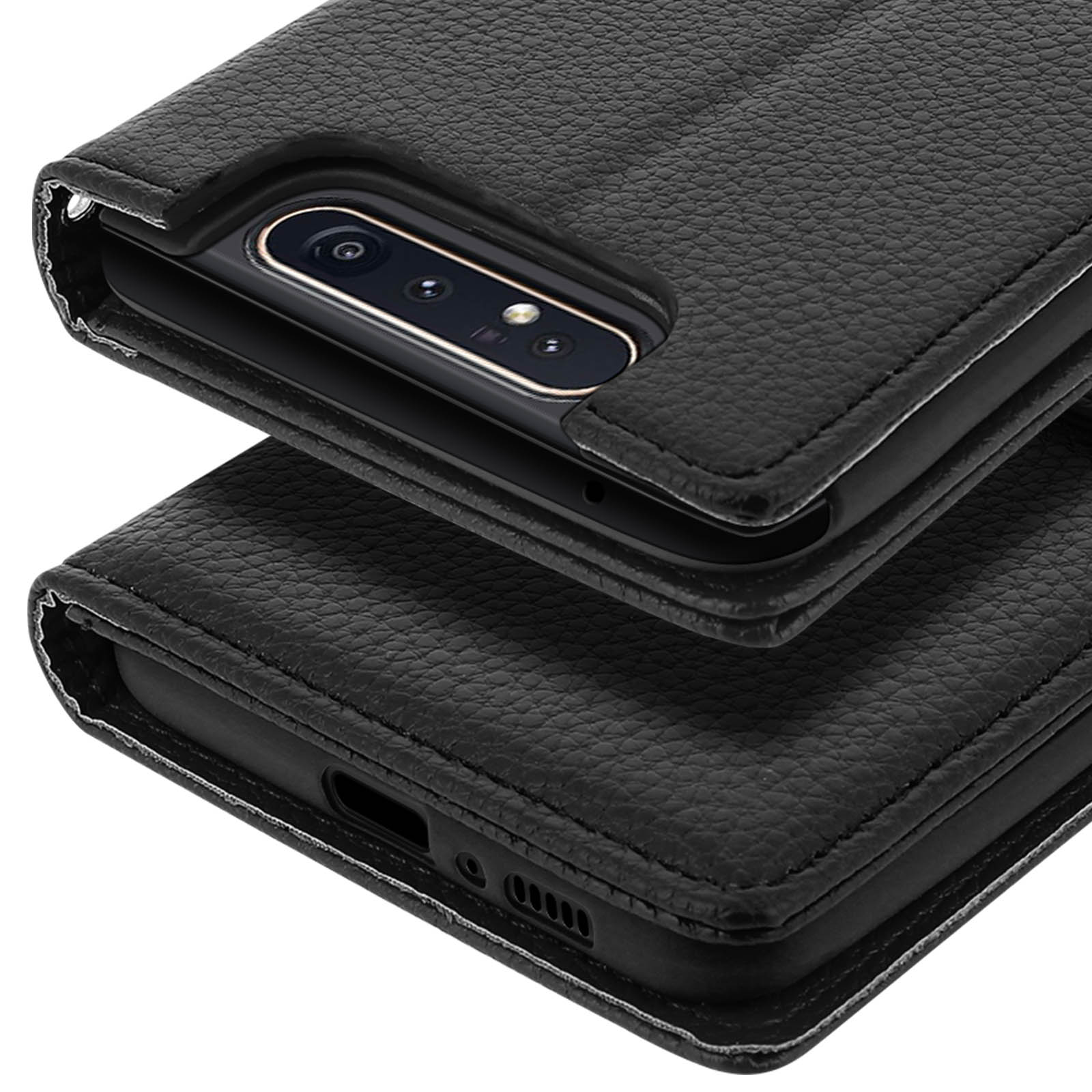 Custodia a libro in pelle nera per smartphone con fotocamera visibile.