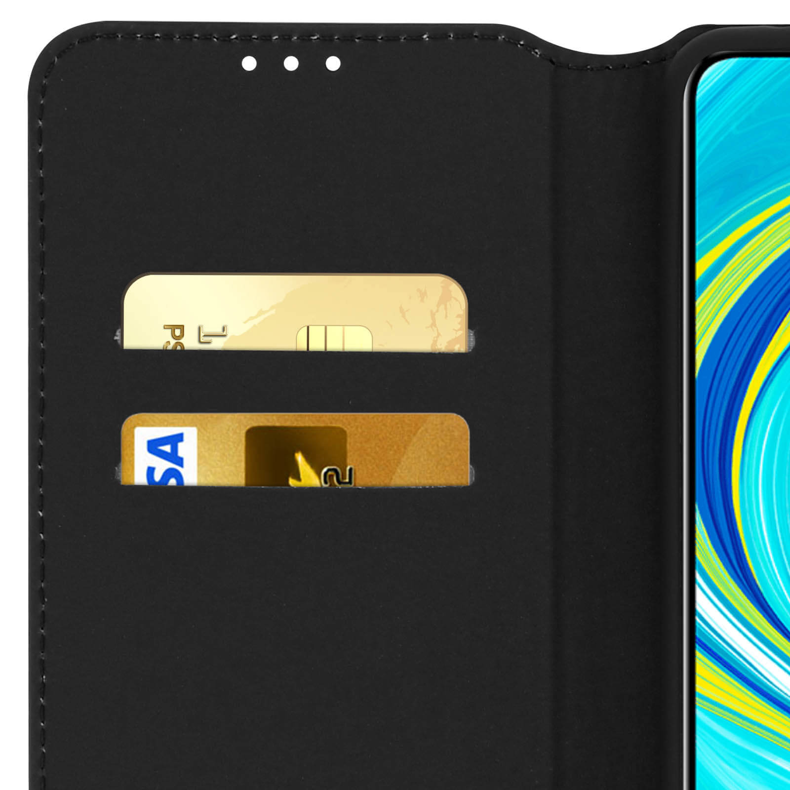 Étui de téléphone noir avec deux fentes pour cartes et un téléphone à écran coloré.