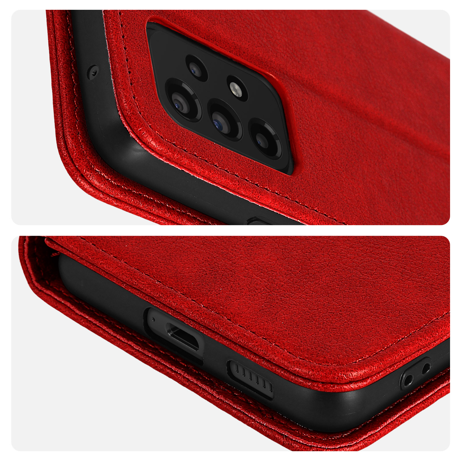 Étui de téléphone rouge montrant le module caméra et le port de charge.