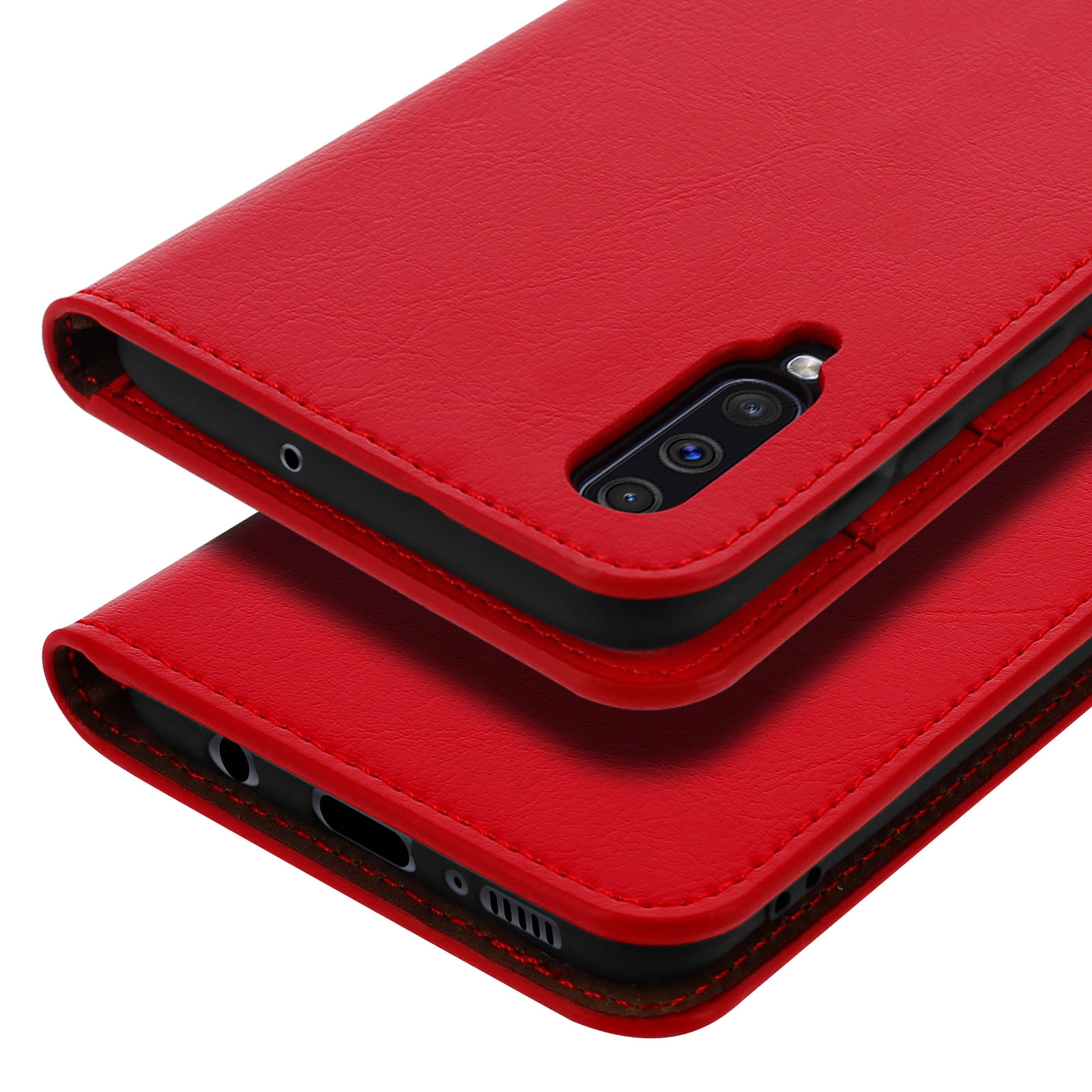 Twee rode telefoonhoesjes met stiksels, de ene bovenop de andere.