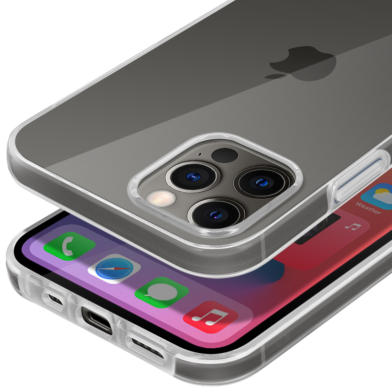 Een doorzichtige iPhone case met Apple logo, cameralenzen en app-iconen.