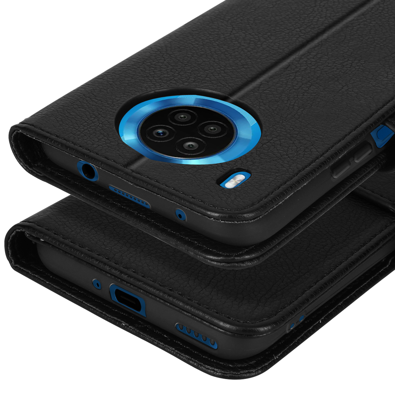 Zwarte telefoonhoes met vier camera's en blauwe ring. Witte knoppen.