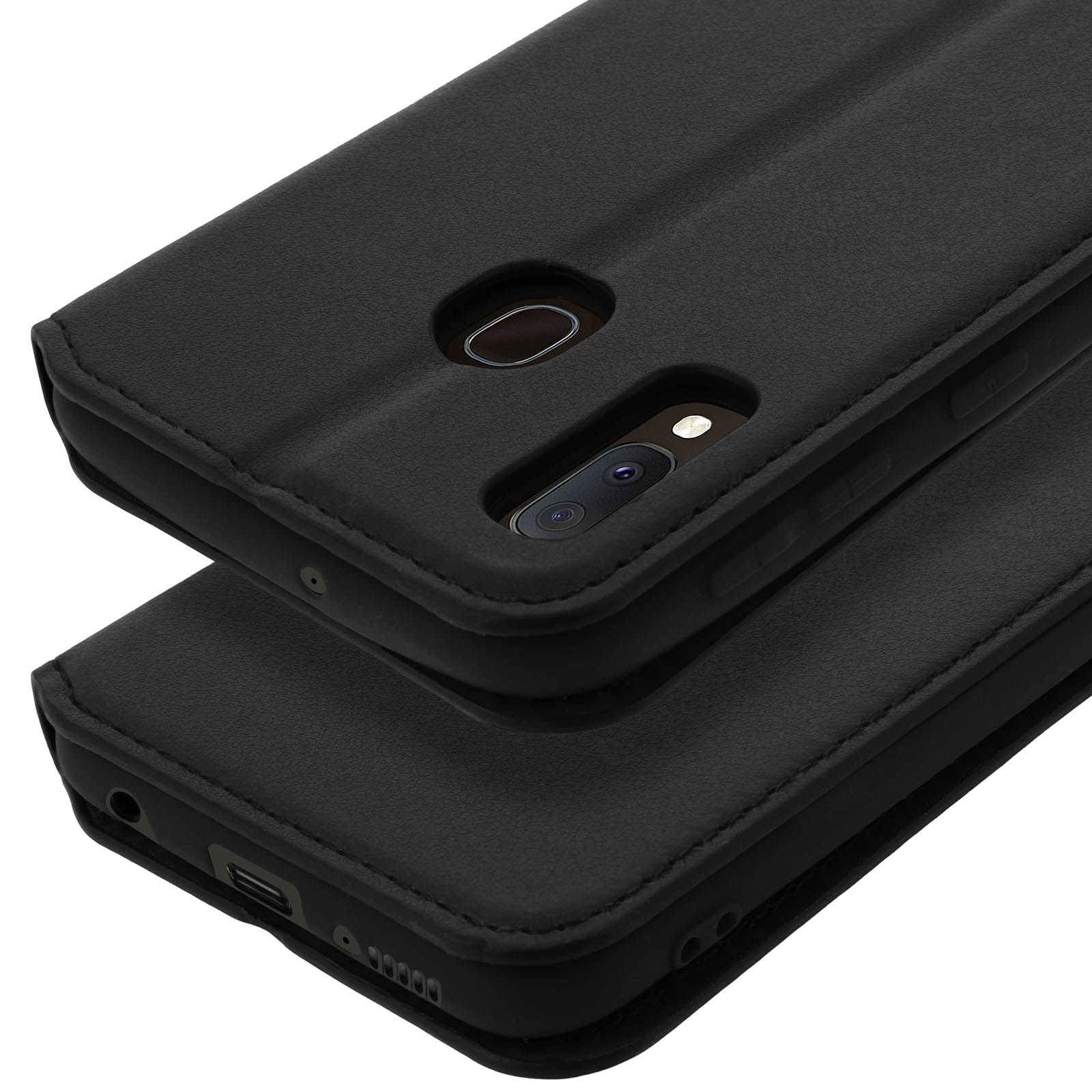 Zwarte leren telefoonhoes met reliëftextuur, camera-uitsparing en vingerafdruksensor.