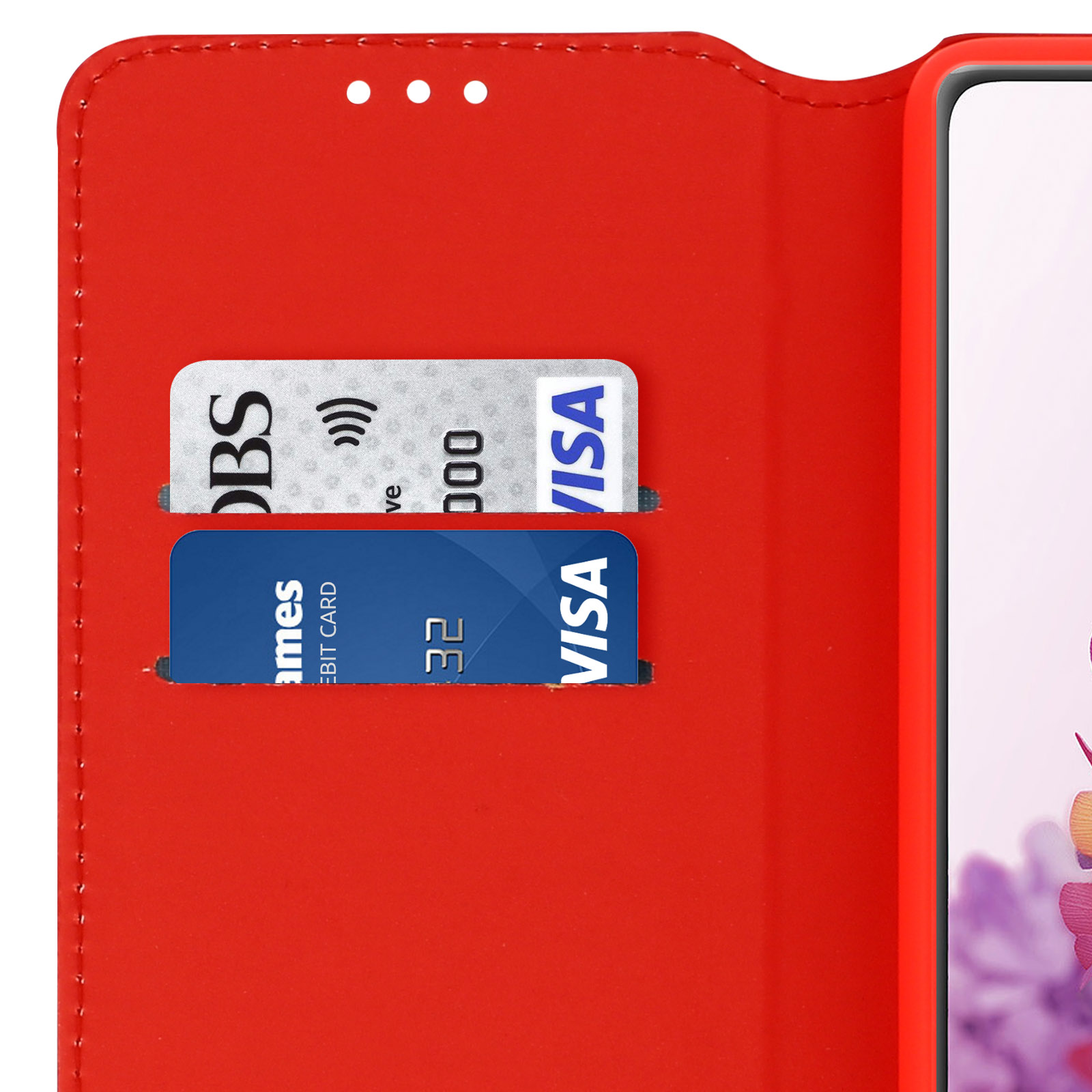 Rote Handyhülle mit zwei Kartenschlitzen, eine mit Visa-Karte.