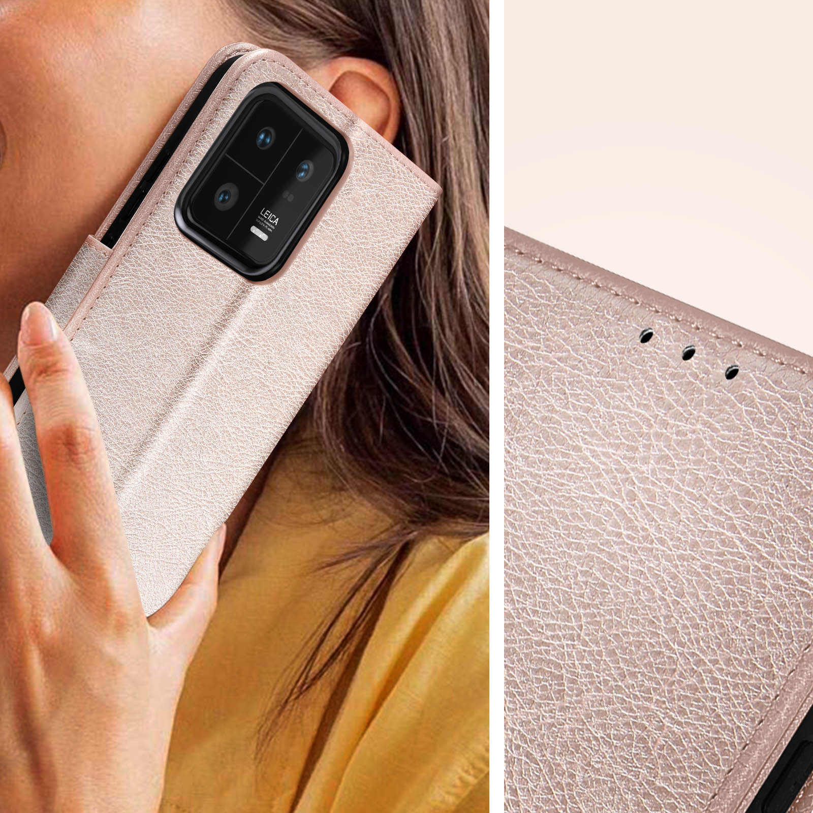 Une personne tient un téléphone dans un étui or rose avec appareil photo Leica.