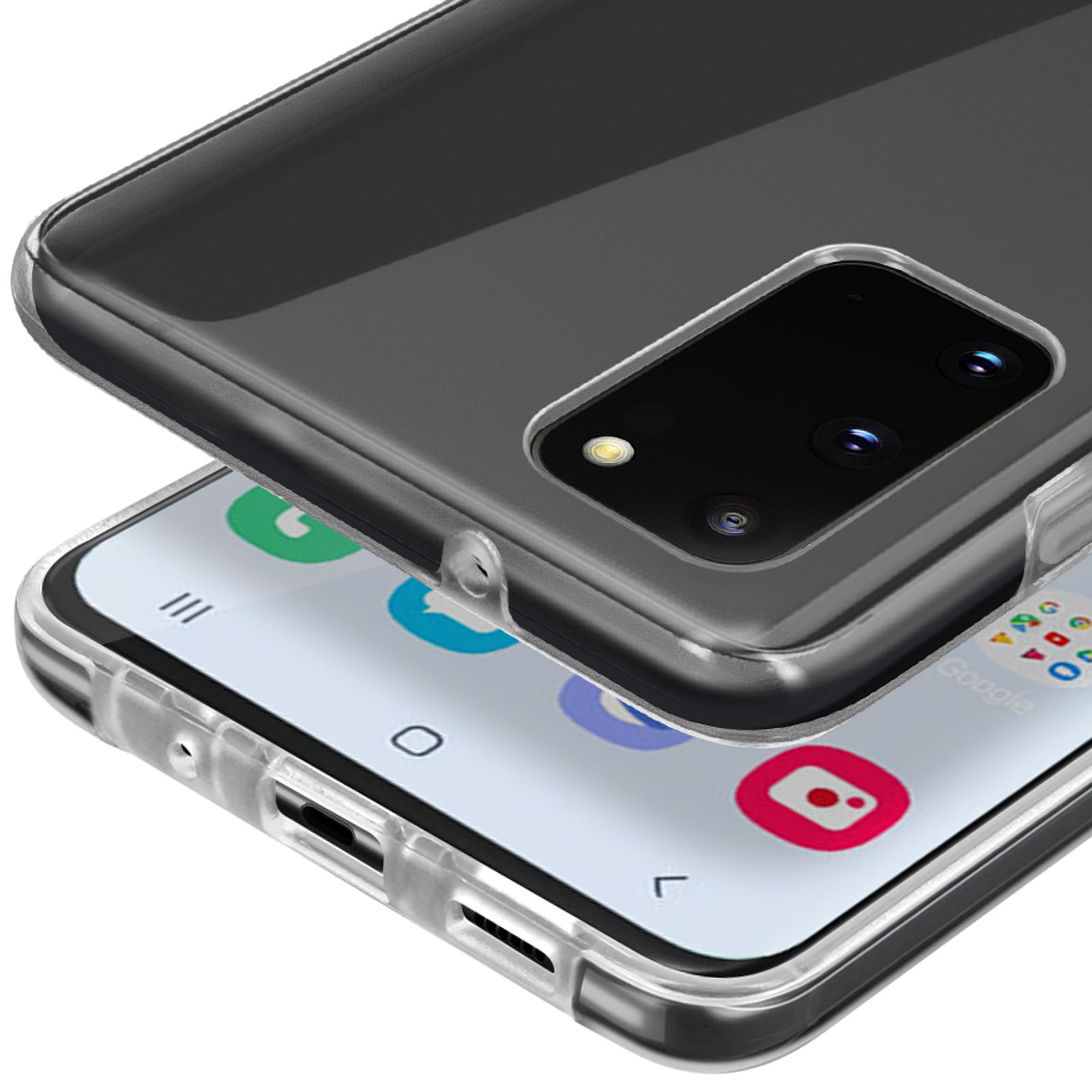 Transparante telefoonhoes over smartphone met app-pictogrammen.