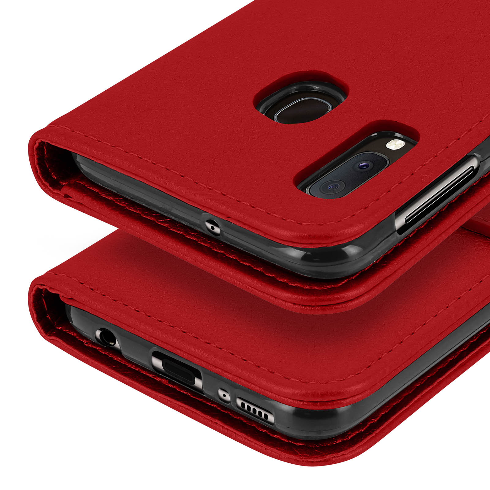 Rood leren telefoonhoesje, close-up van camera en poorten.