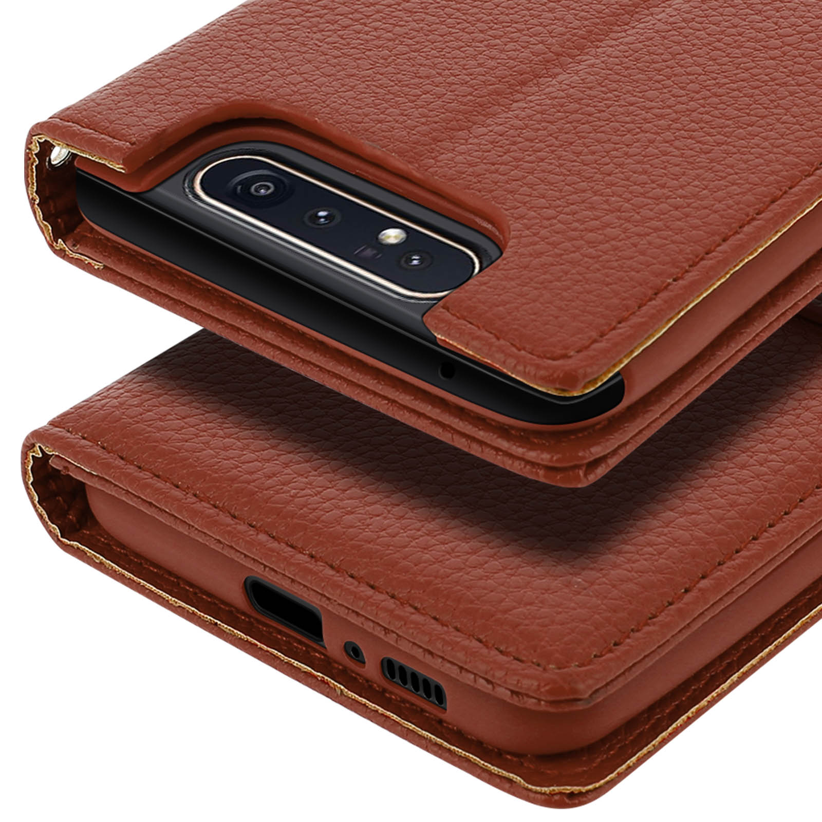 Custodia in pelle marrone per smartphone con fotocamera e porte visibili.