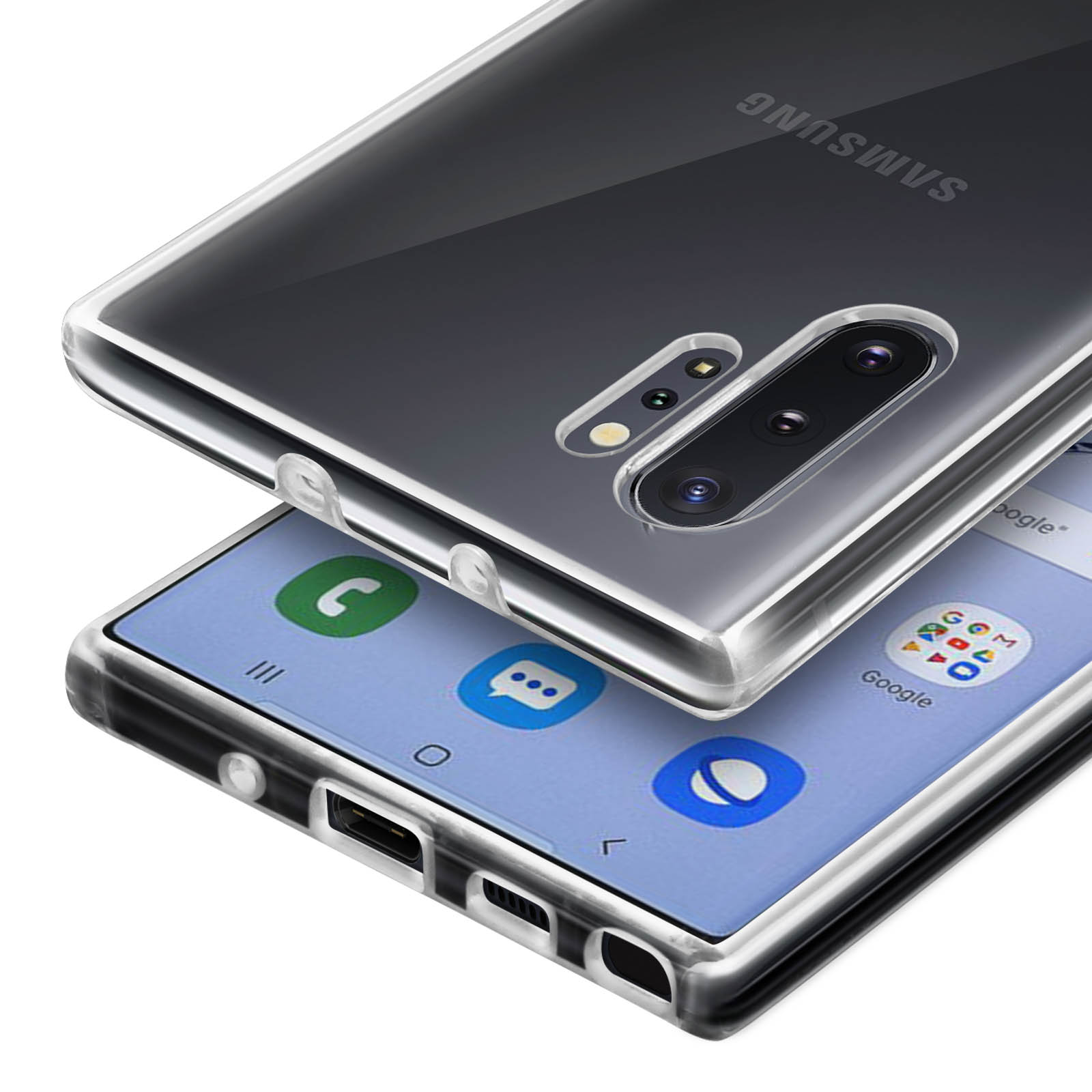 Coque transparente sur téléphone Samsung avec appareil photo et écran.