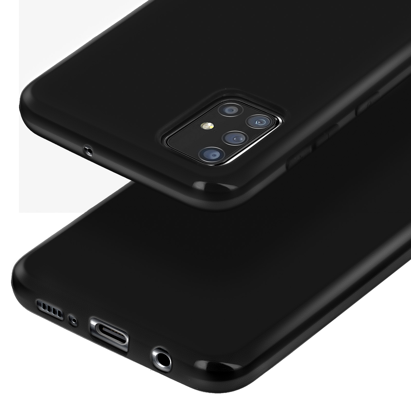 Twee zwarte telefoonhoesjes op elkaar, met camera en poorten.