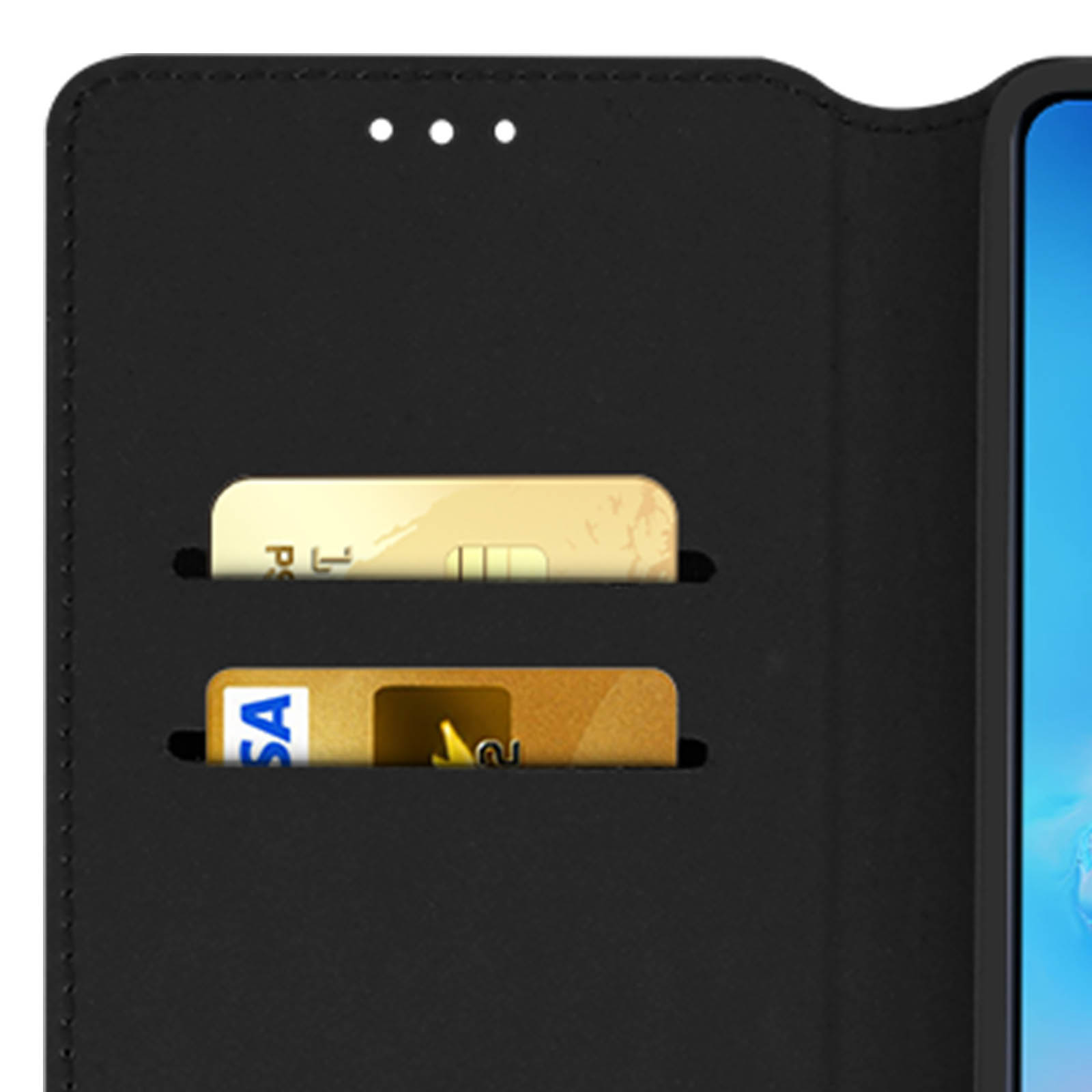 Custodia nera per telefono con due slot per carte e carte visibili.