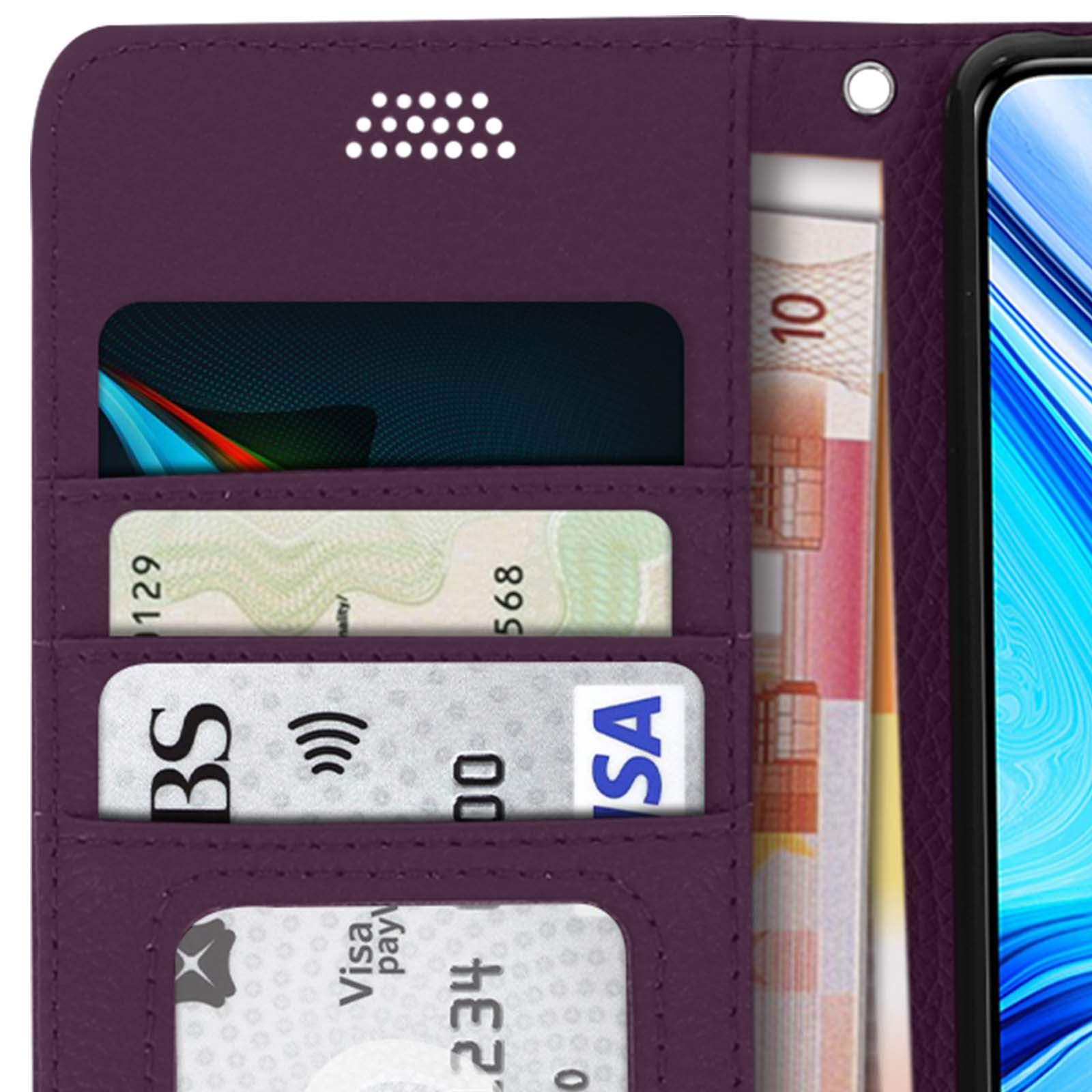 Étui de téléphone violet avec fentes pour cartes, cartes, billets et un téléphone.