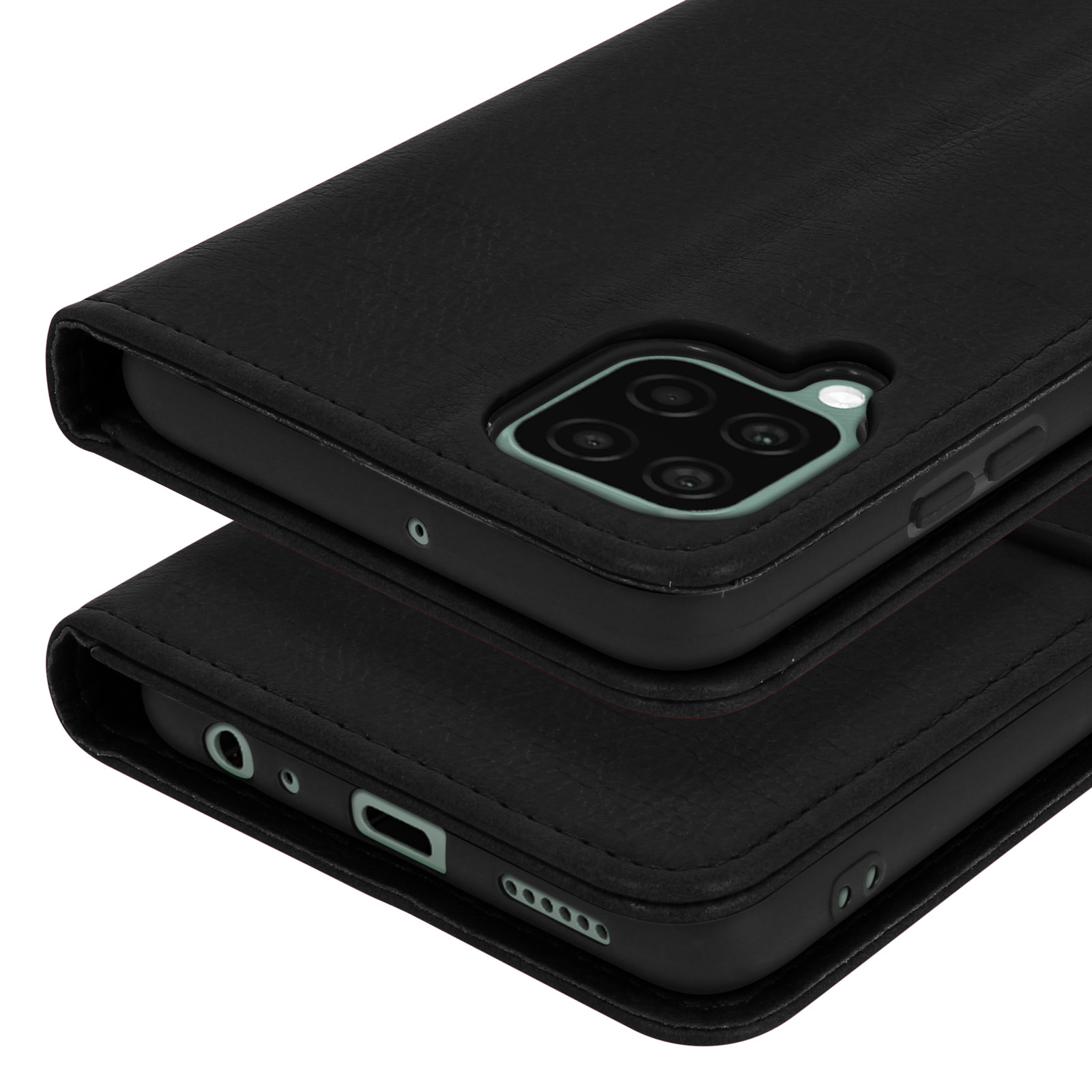 Gros plan d'un étui de téléphone en cuir noir avec ouverture pour appareil photo.