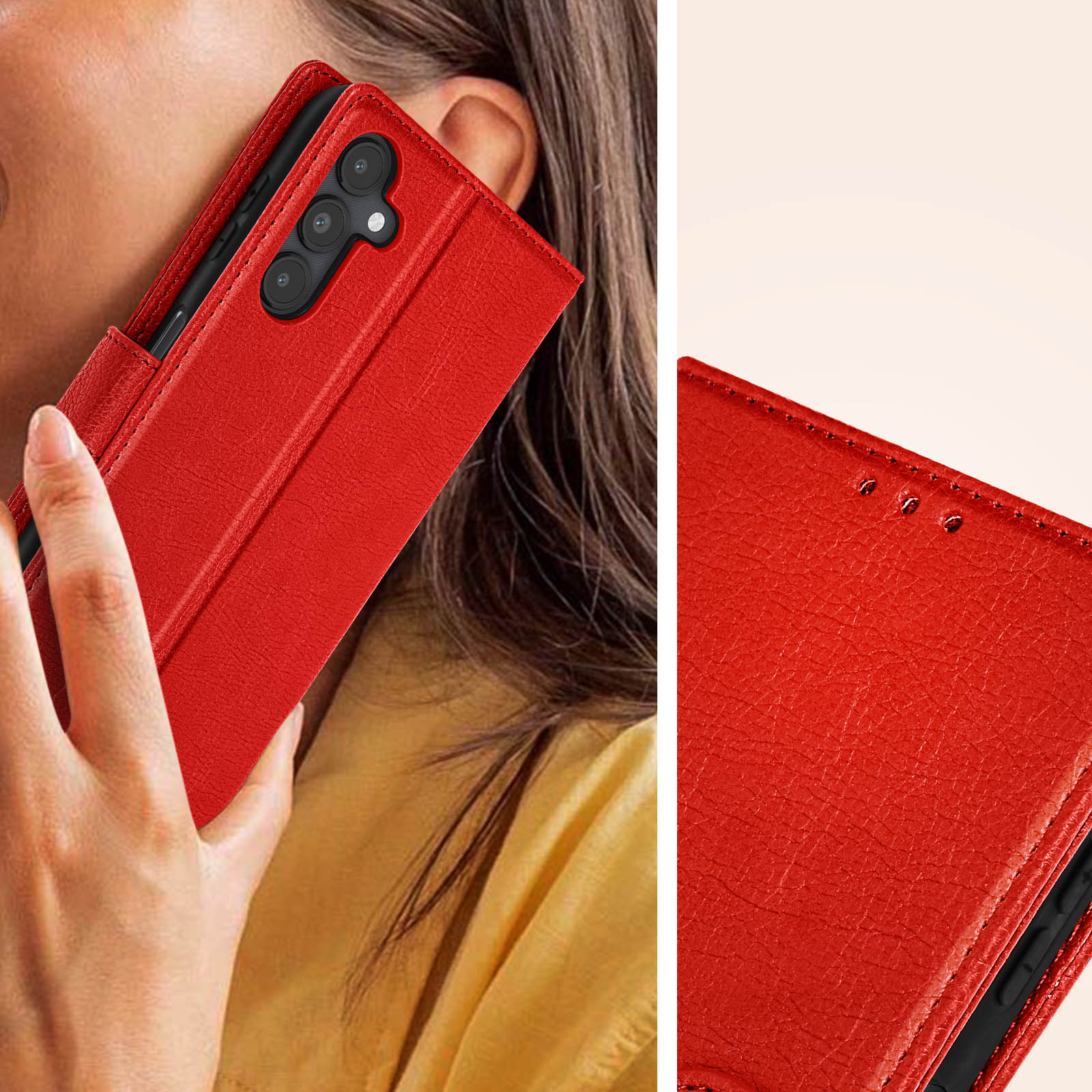 Rode telefoonhoes met camera's aan de achterkant, vastgehouden door een hand.