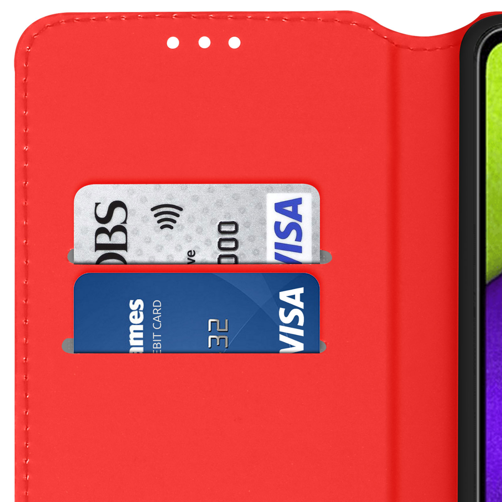 Custodia rossa per telefono con due tasche per carte, che mostrano carte di credito.