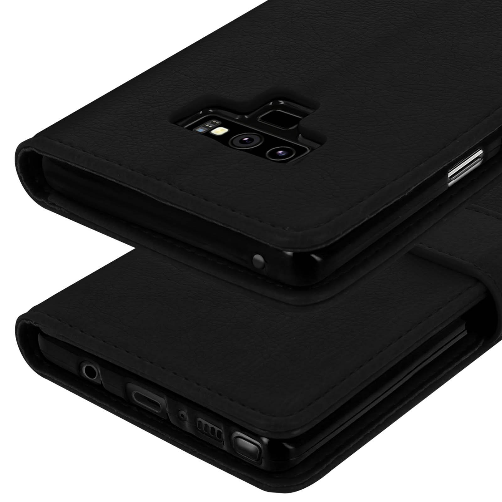 Étui portefeuille noir pour smartphone, ouvert, montrant la caméra et les ports.