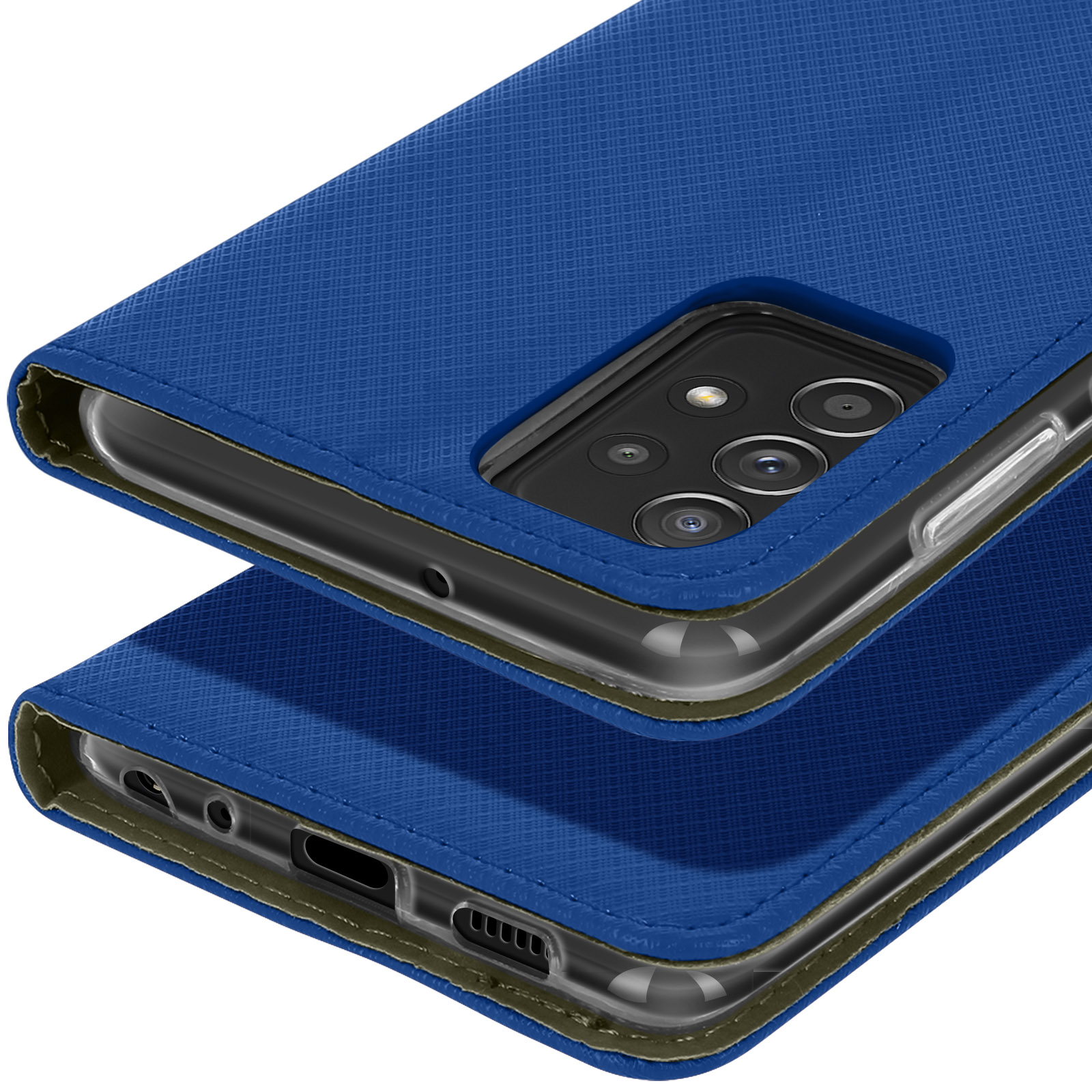 Blaue Handyhülle mit sichtbarer Kamera und Anschlüssen.
