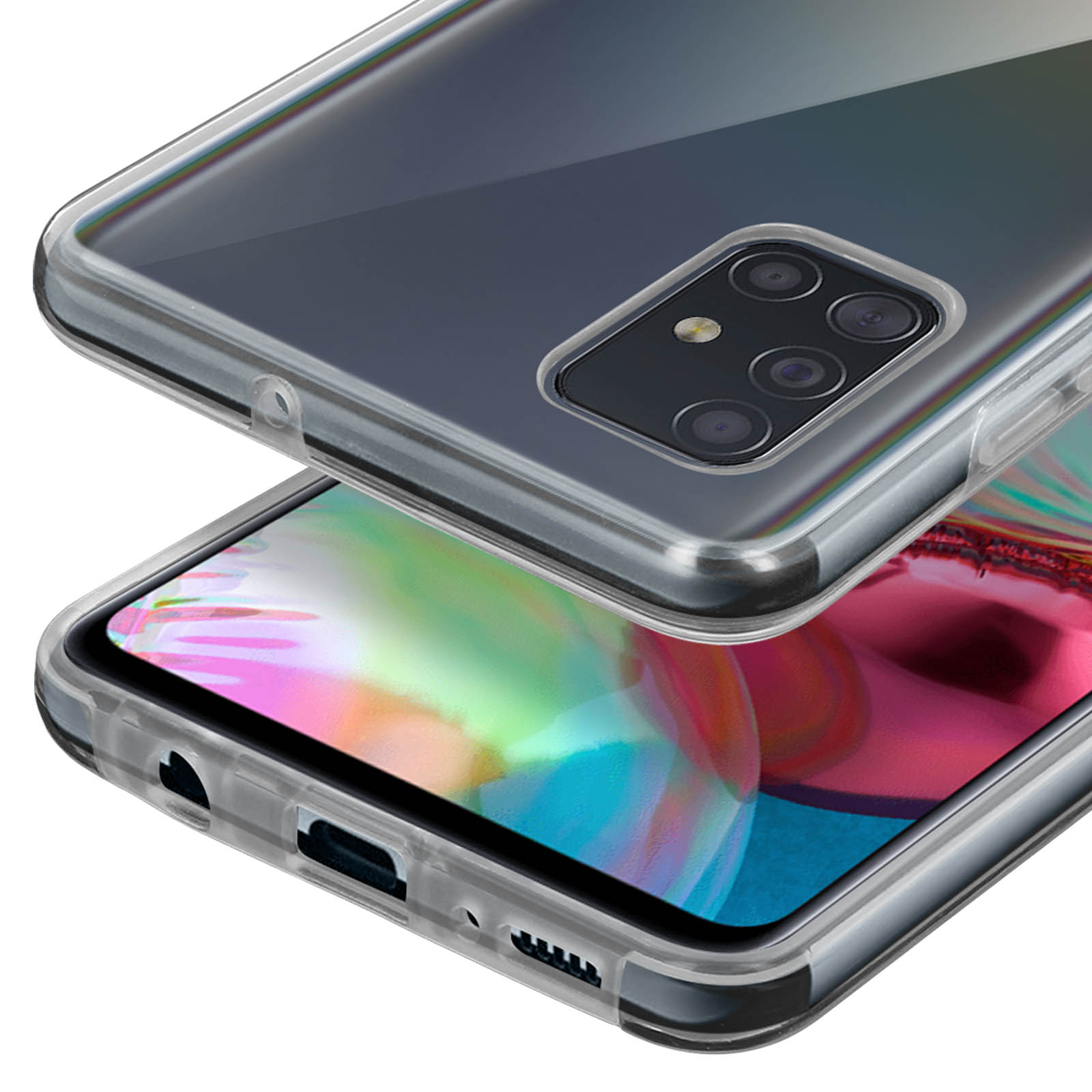 Coque de téléphone transparente montrant le module caméra et l'écran coloré.