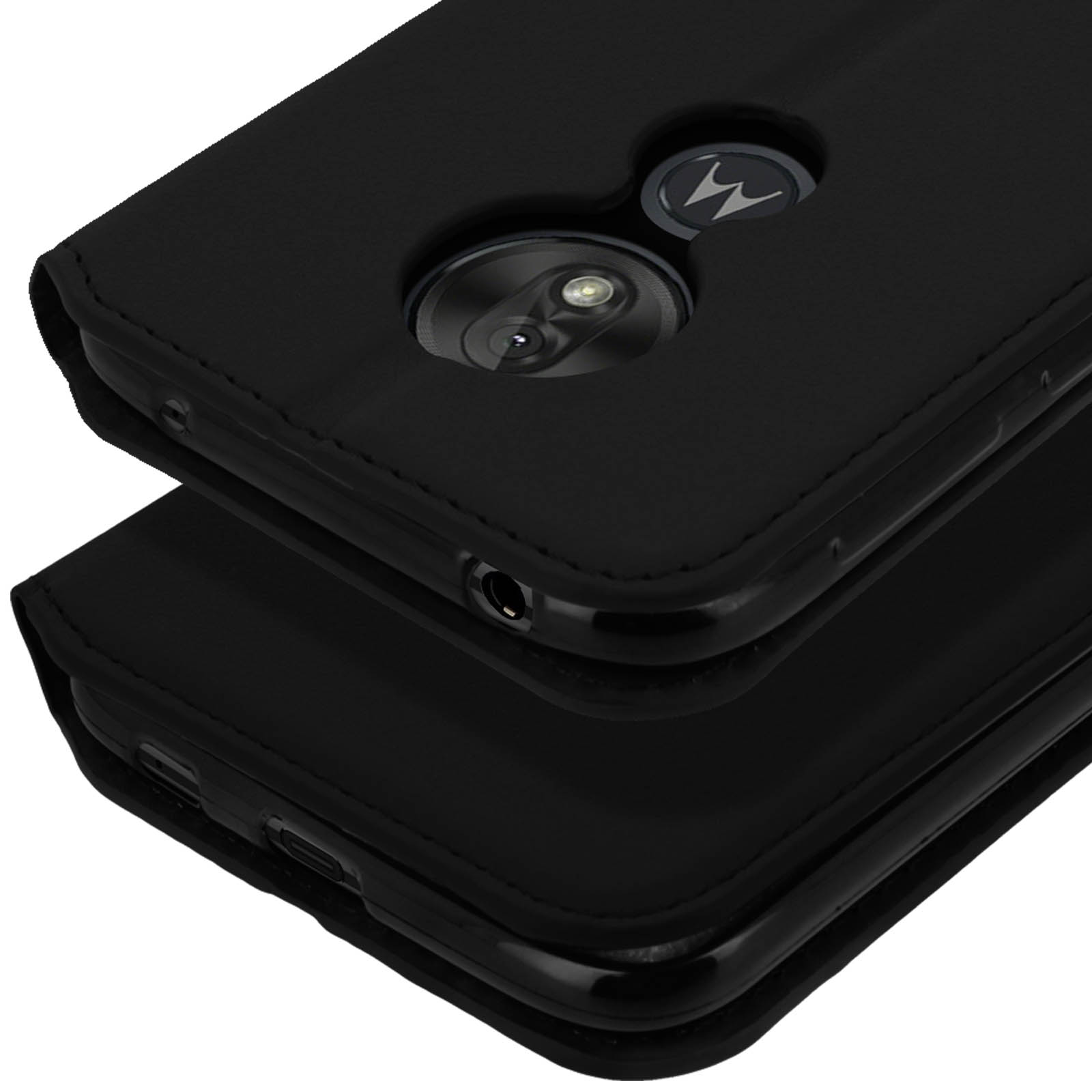 Zwarte flip-stijl telefoonhoes met cameralens en Motorola-logo.