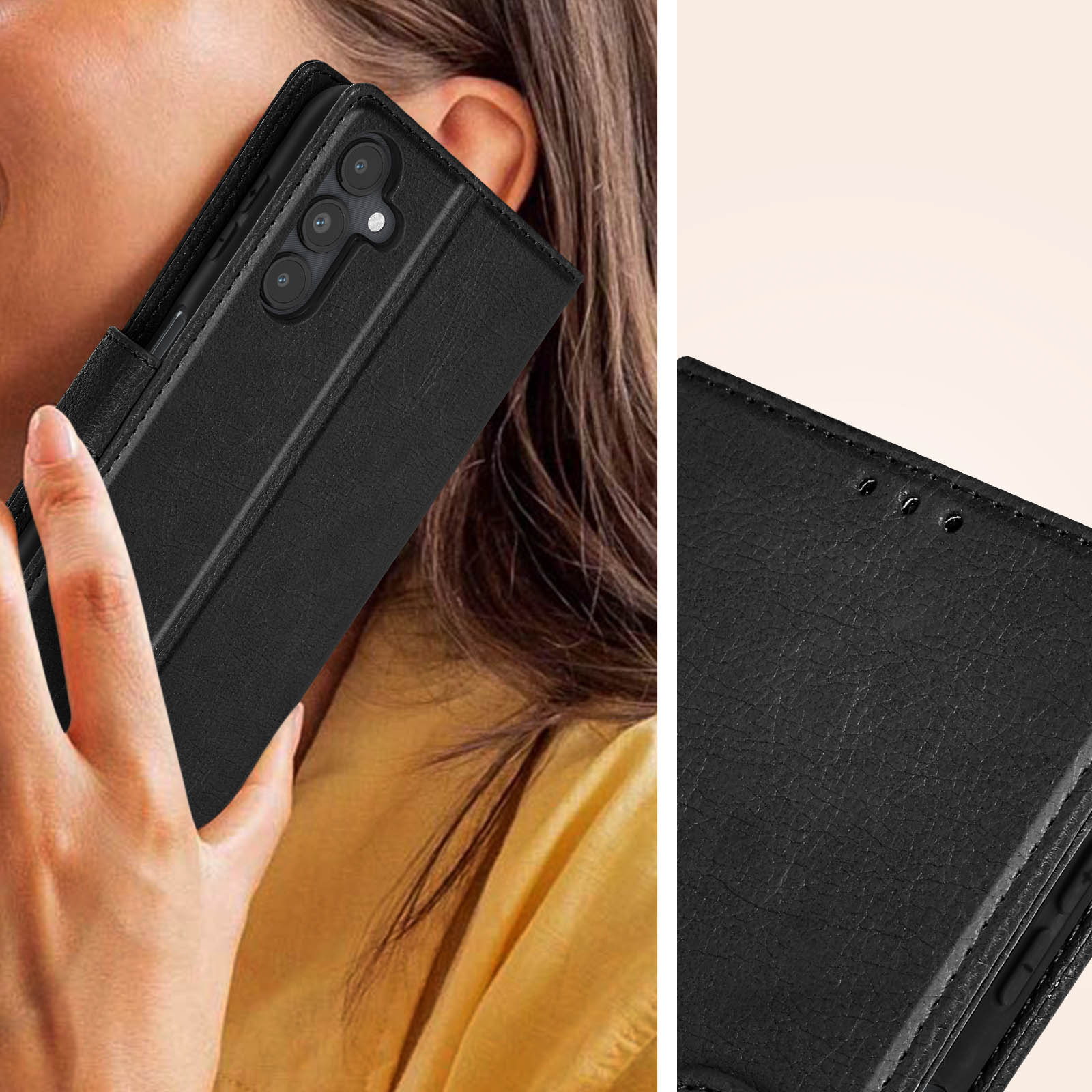 Een persoon houdt een zwarte telefoon met hoesje bij het oor.