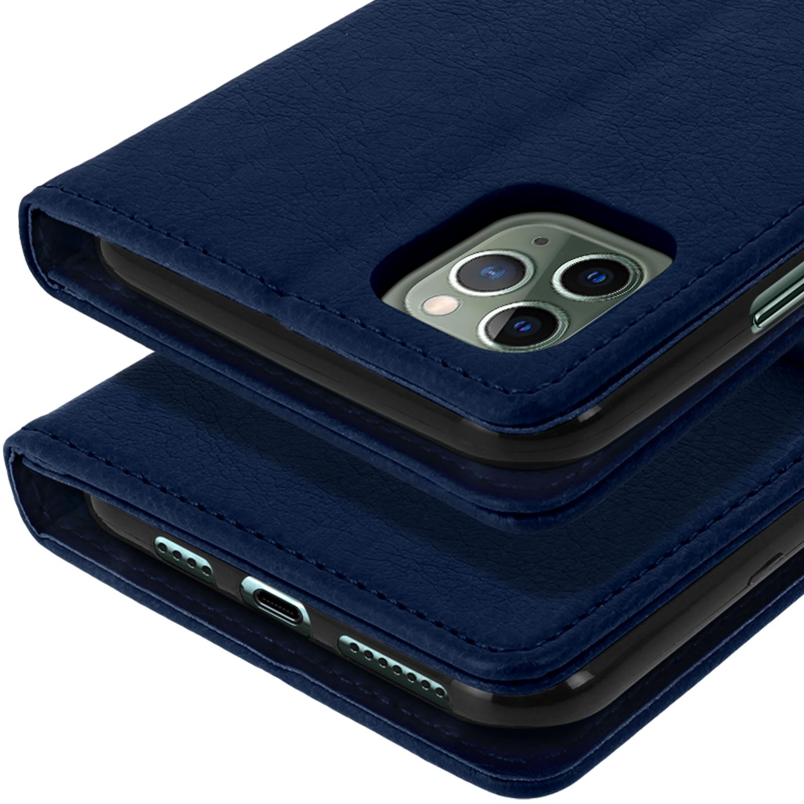 Coque de téléphone bleu foncé avec découpe caméra et port de charge.