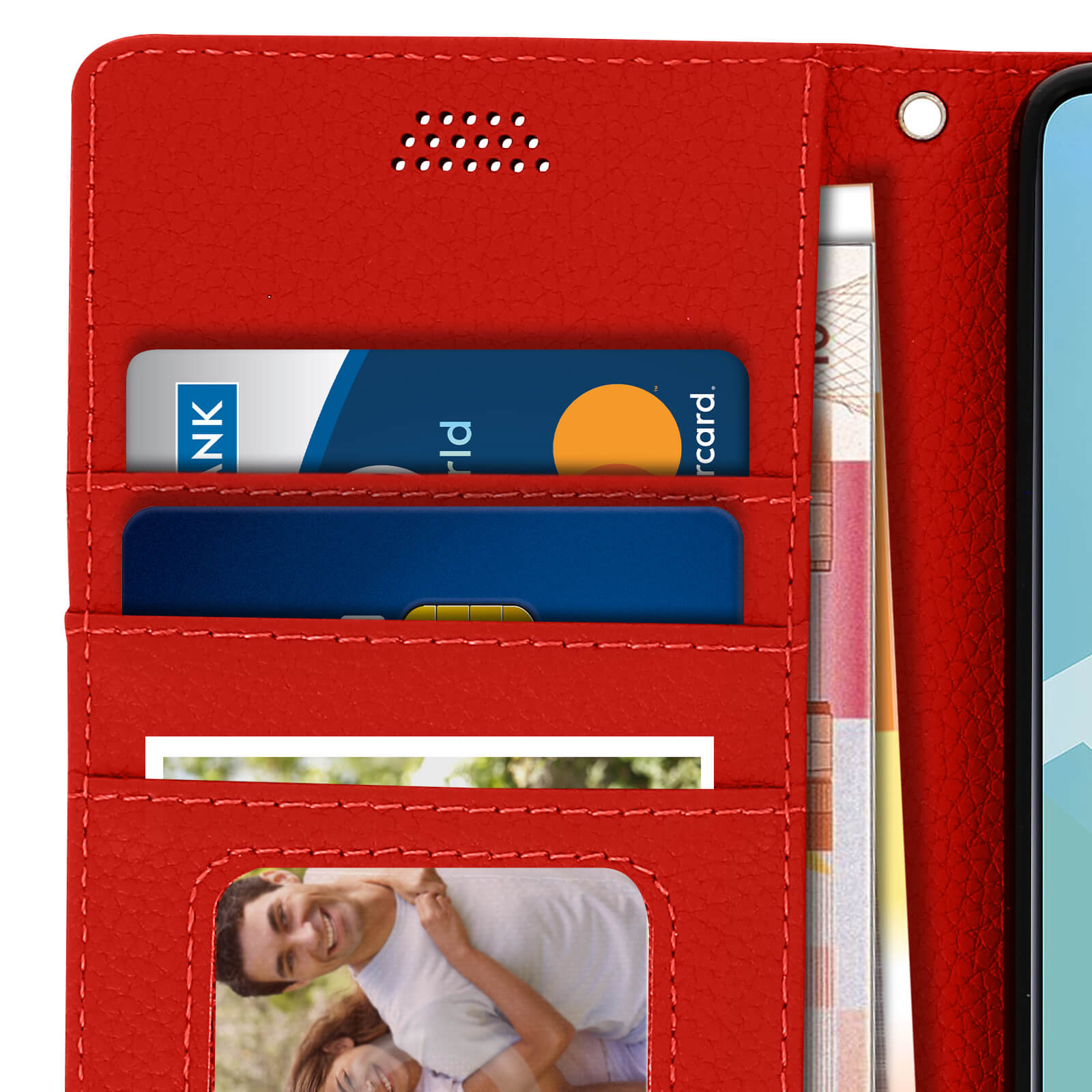 Portefeuille rouge avec fentes pour cartes, argent et photo d'un couple.