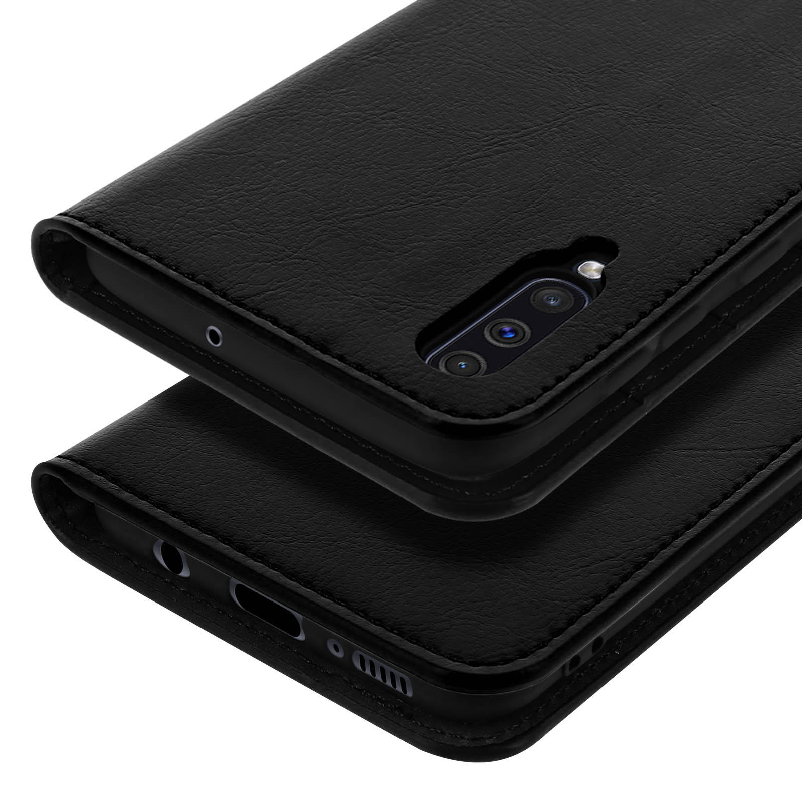 Zwarte leren flip telefoonhoes met camerauitsparing en oplaadpoort.