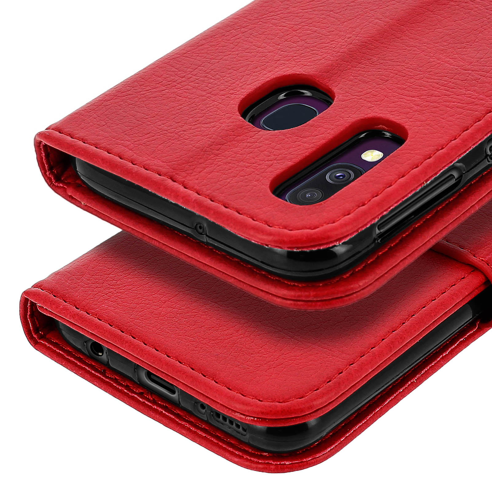 Étui rouge en cuir pour téléphone avec caméra et ports visibles.