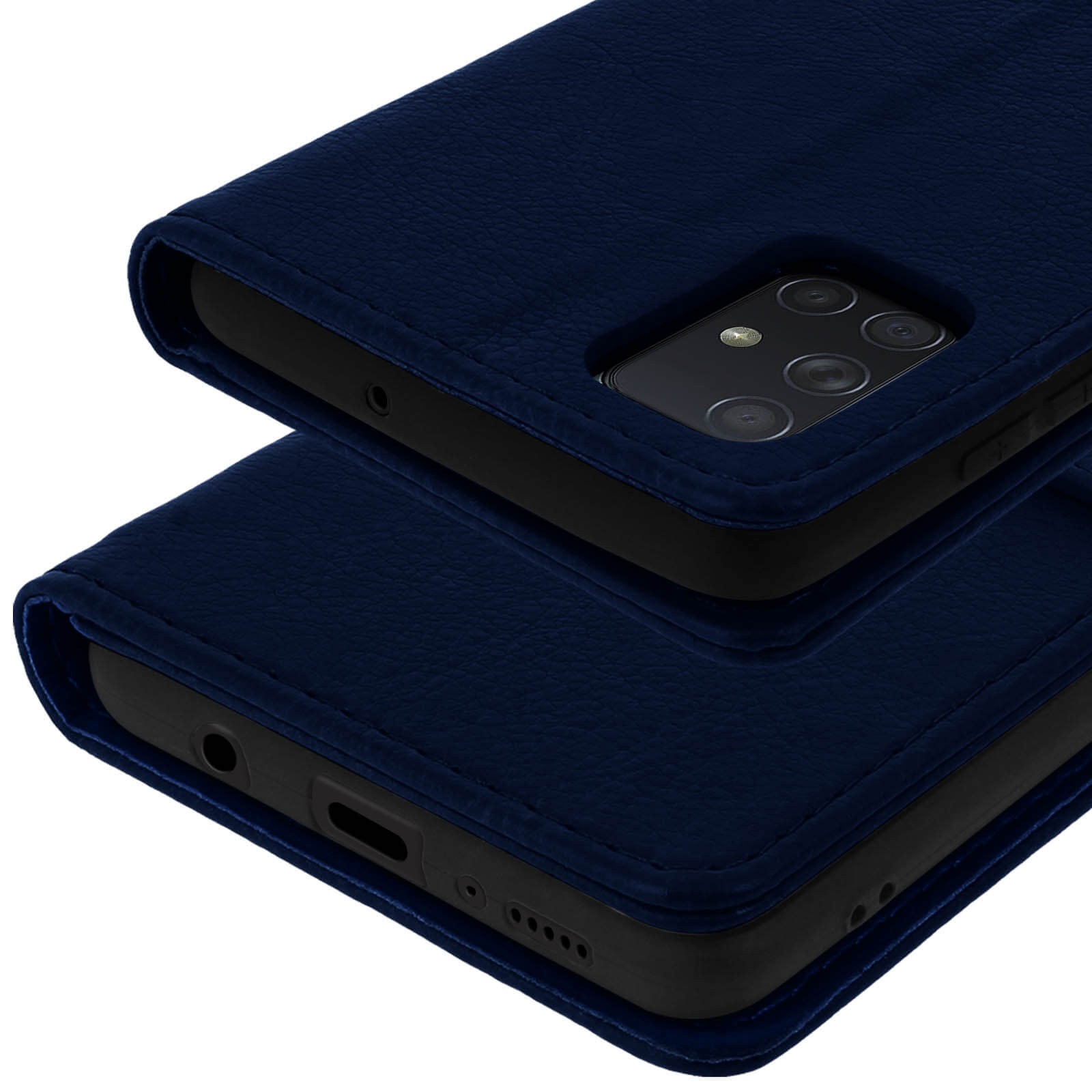 Étui en cuir bleu foncé pour smartphone avec module caméra visible.