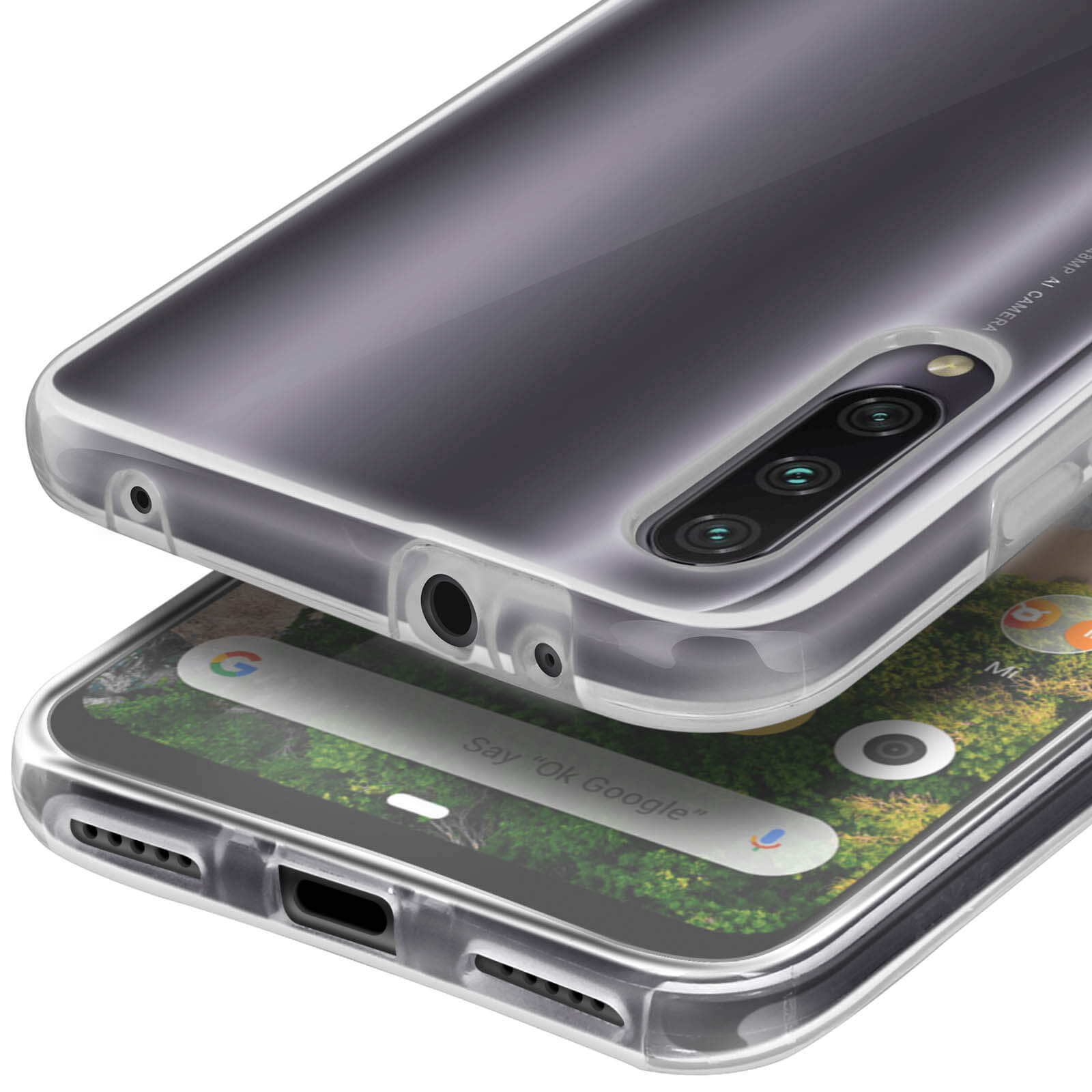 Een doorzichtige telefoonhoes ligt over een smartphone met camera.